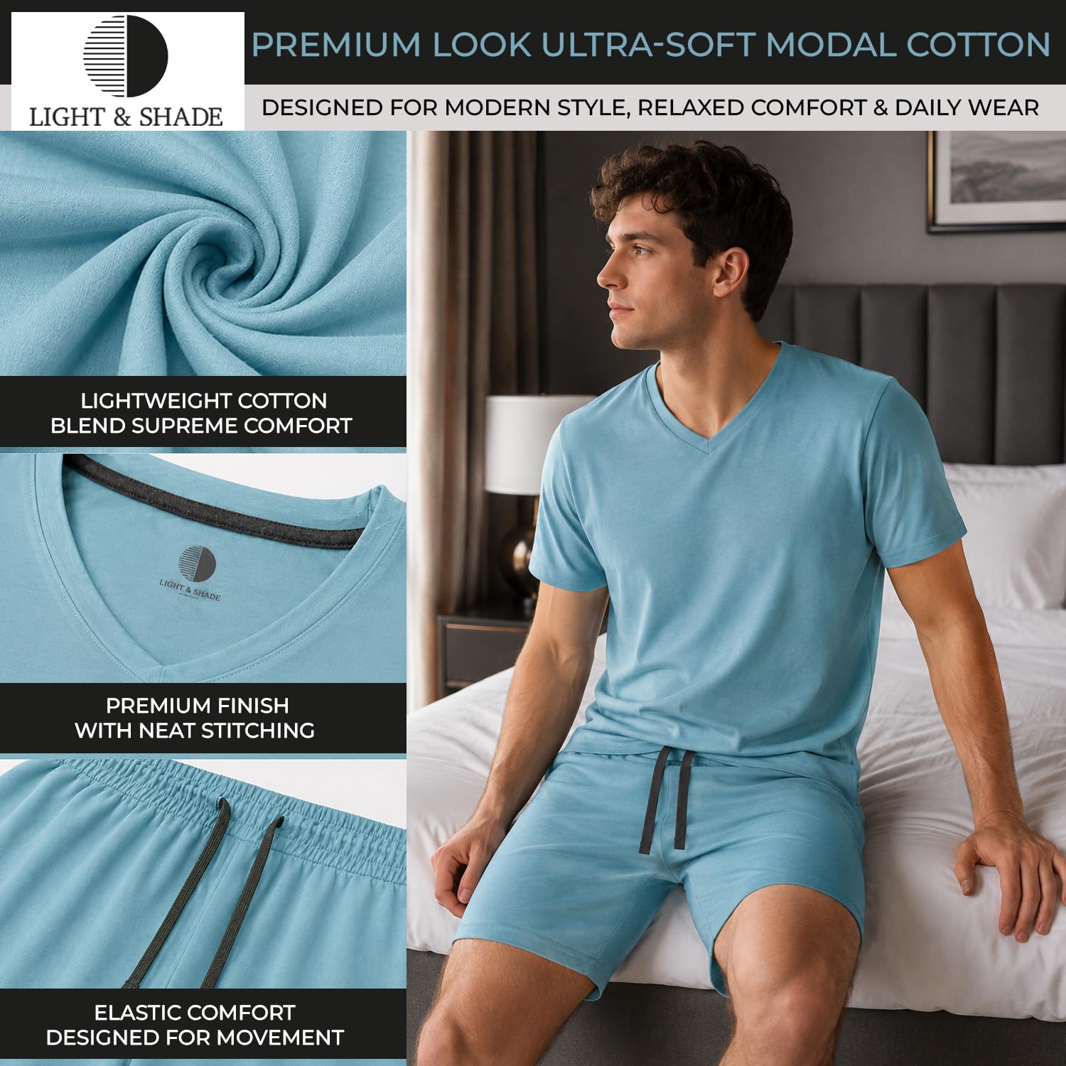 Light & Shade Conjunto de Pijama para Hombre con Camiseta y Pantalones Corto