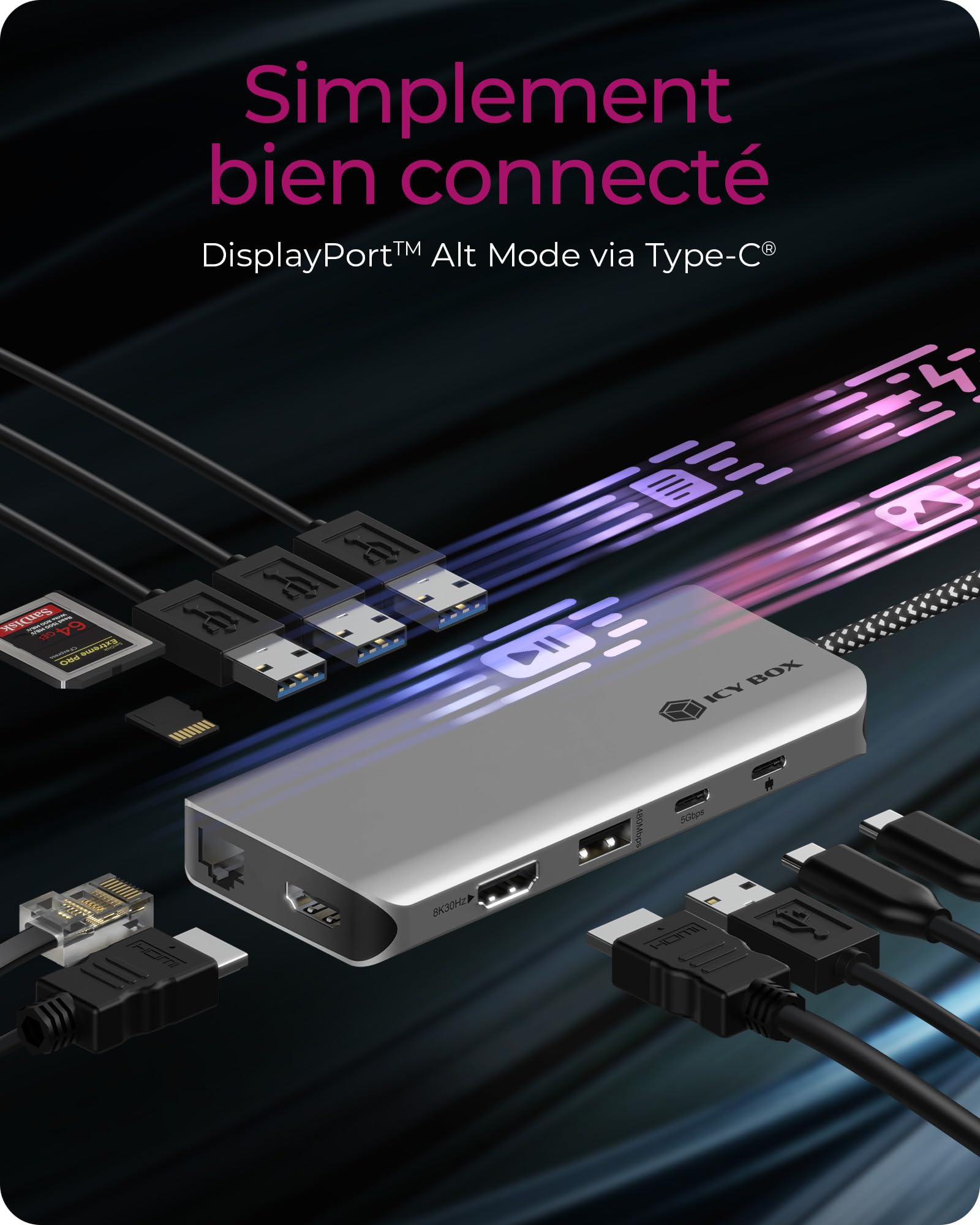 ICY BOX Station d'accueil USB-C (12-en-1) pour 2 moniteurs (2X HDMI), 4K 60Hz, hub USB 3.0 à 5 ports, alimentation de 100 W, Ethernet Gigabit, lecteur de carte SD, IB-DK4061-CPD