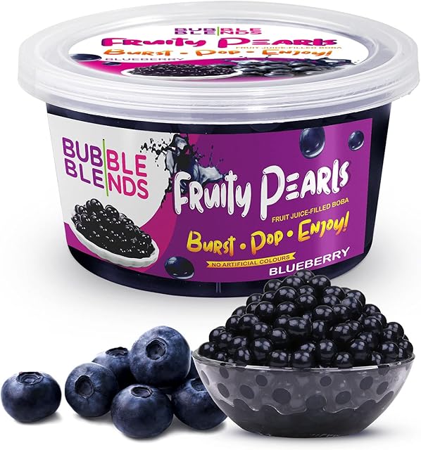 Bubble Blends Blueberry Popping Boba (450g), Fruit Juice-Filled Boba Pearls for Bubble Tea, Non-Dairy, Fat-Free & Gluten-Free