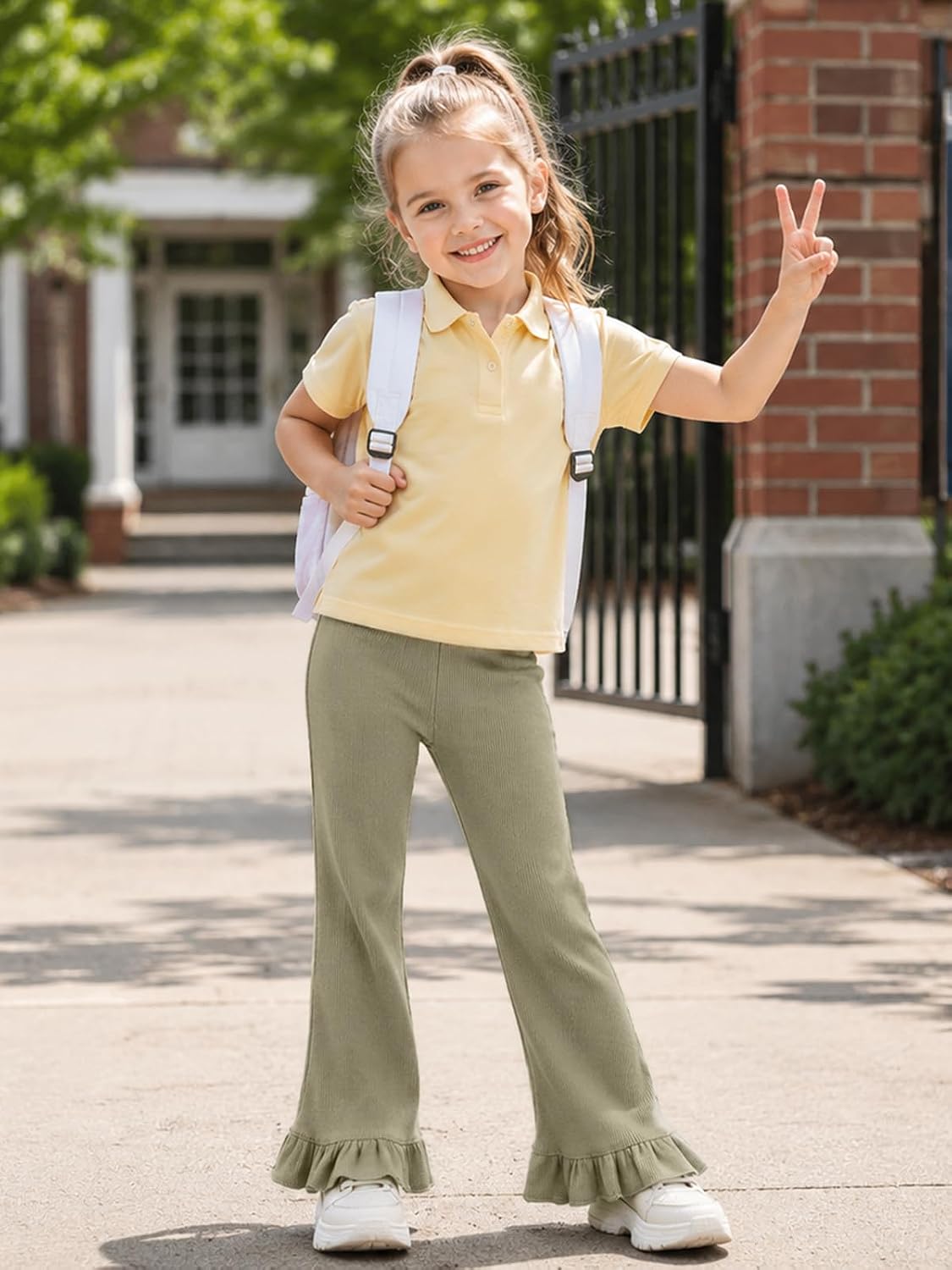 Miipat Toddler Girl Flare Pants 3 Pack Ruffle Ribbed Baby Bell Bottoms Slub Cotton Solid Elastic Waist Trousers
