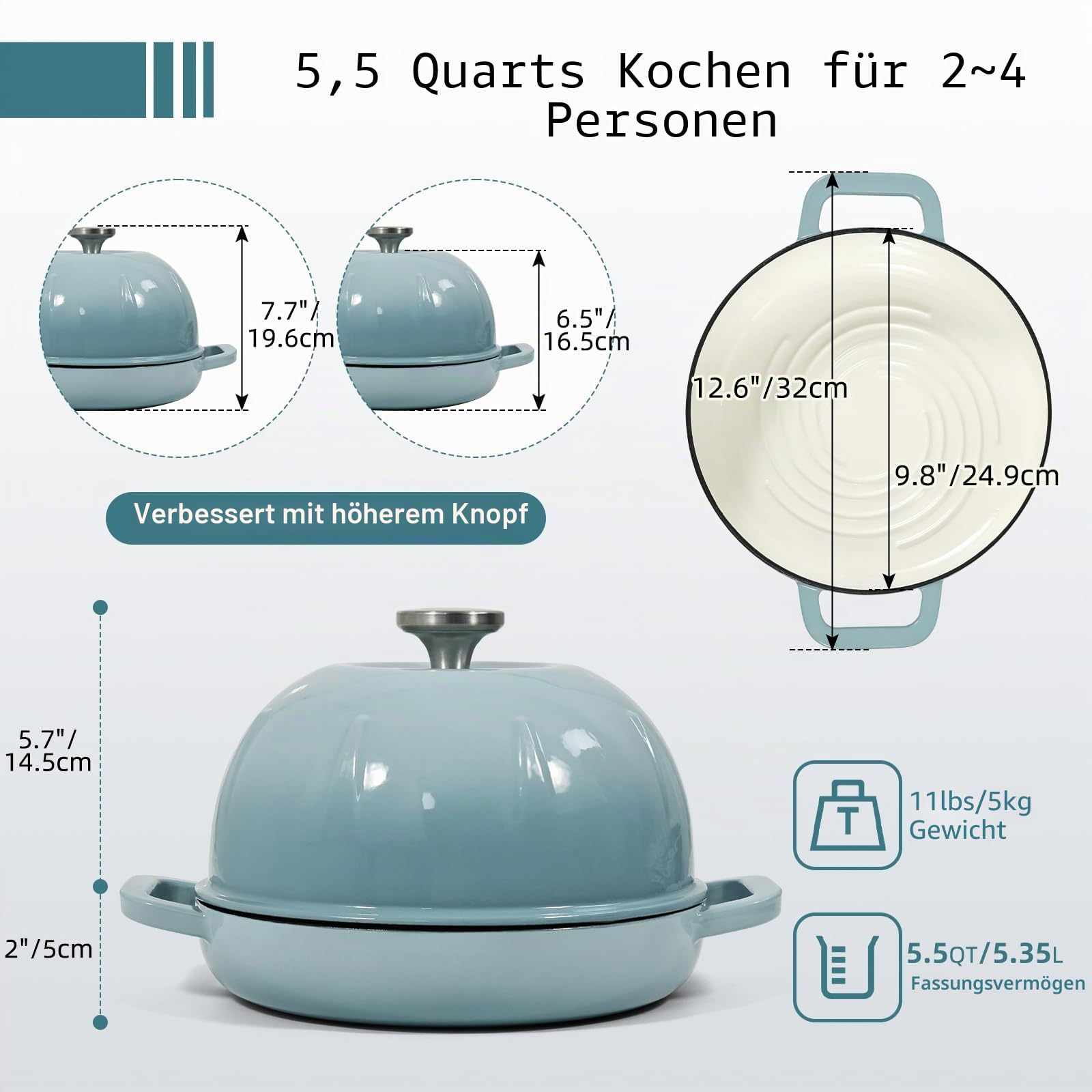 Davivy Gusseisen Topf Brot Backen, 5,35L/25cm Bräter Emaille Schmortopf mit Hochgewölbter Deckel und Griffen, Brotbacktopf mit Gärkorb für Küche Backen, Dutch Oven mit Brotschlinge (Meersalzblau)