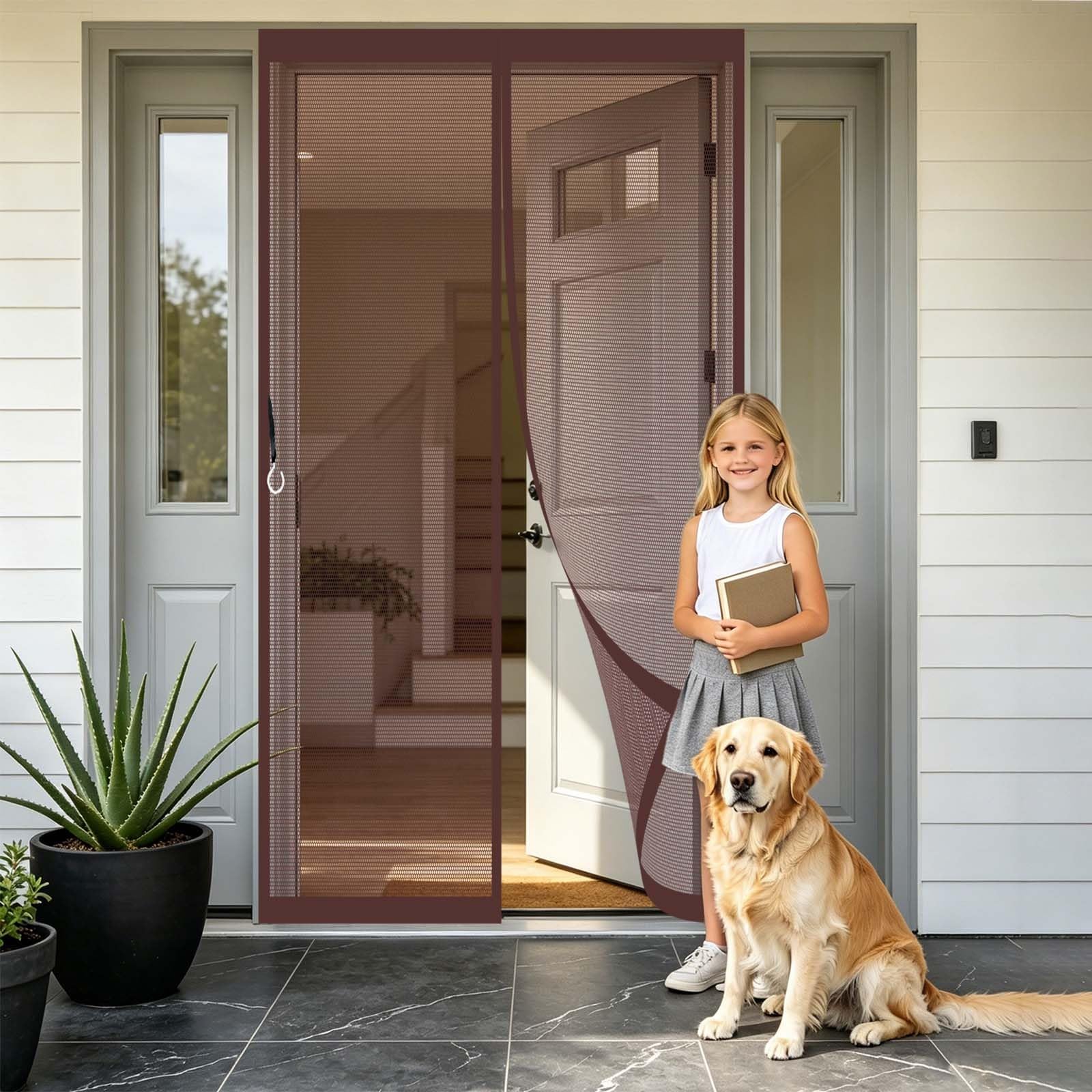 Guoyfen Brown Magnetic Fly Screen Door 92 X 193 Cm Full Frame Magic Tape, Magnet Silent Closure, No Punching Magnetic Fly Screen Door, Heavy Duty Bug Mesh Curtain For Bedroom, Sliding,