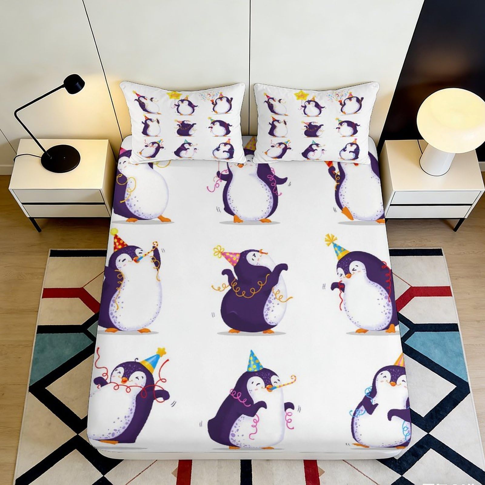 3D Printed Party Penguin Fitted Sheet Microfiber Soft Bedroom Decor Celebration Penguin Mattress Cover for Home Dorm 200x200x25cm