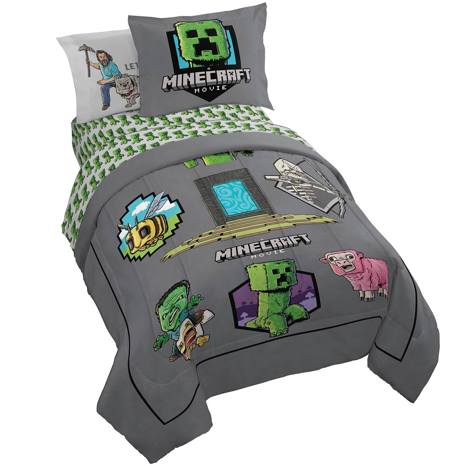 Jay Franco Kids Comforter Set Includes Sheets and Pillow Covers - Soft and Cozy Bed Set for Stylish Room Decor, Grey - Minecraft Movie, 7 Piece Full Size Bedding