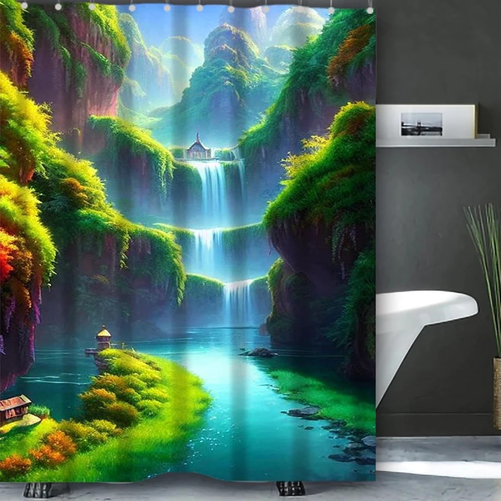 Rideau de douche cascade de forêt naturelle grand format 200x182cm