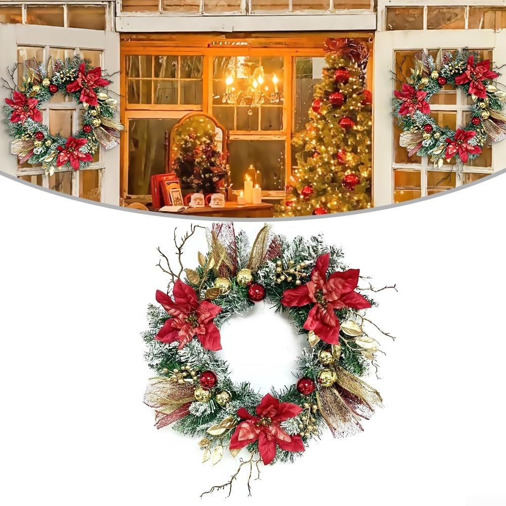 Couronne de Noël lumineuse de 40,6 cm avec poinsettia rouge et pommes de pin dorées à paillettes pour décoration de porte, mur, cheminée
