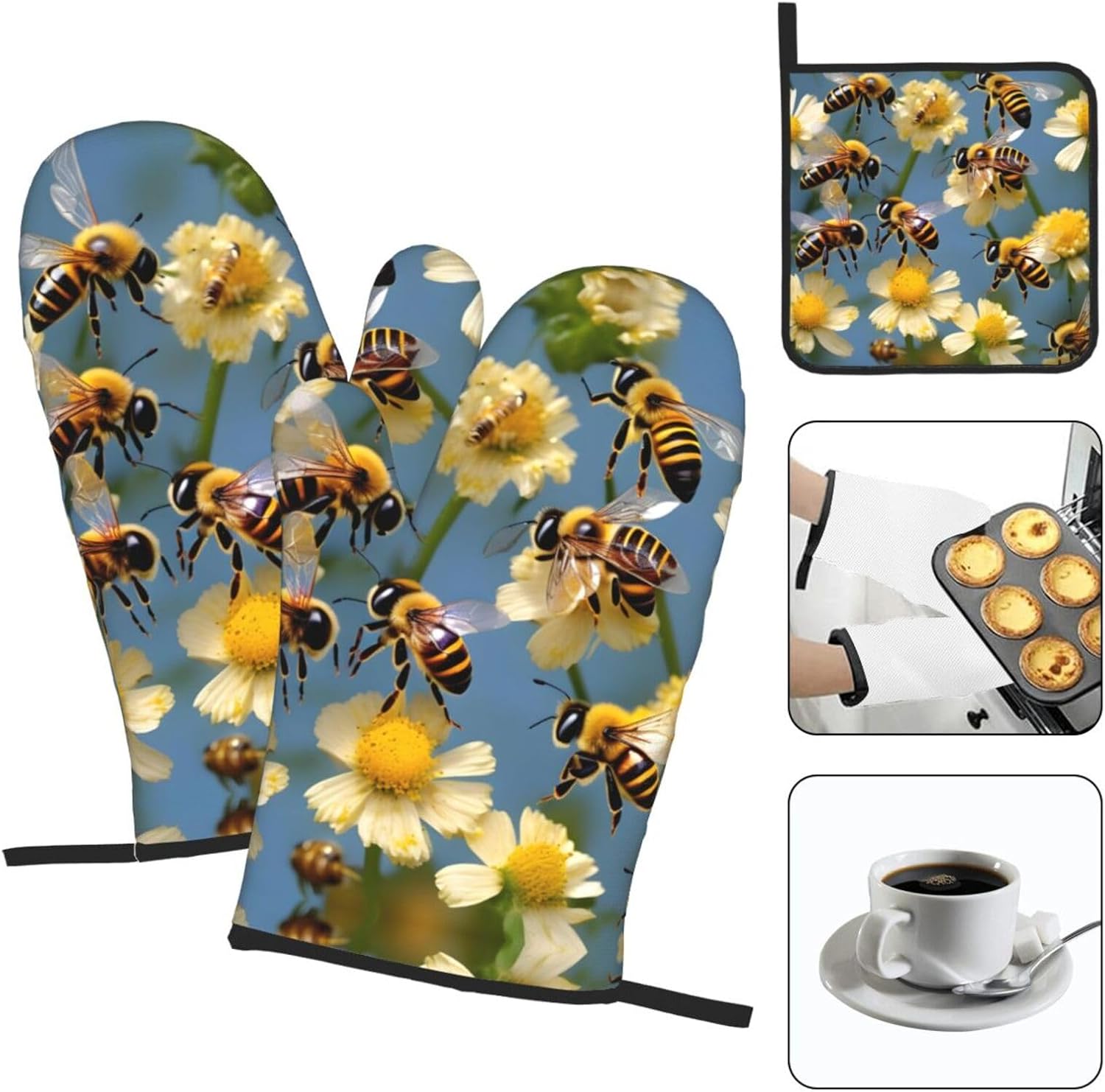 Honey Bees Flowers Print Heat Resistant Microwave Gloves, Used for Baking, Cooking, and Fashion Kitchen Essentials
