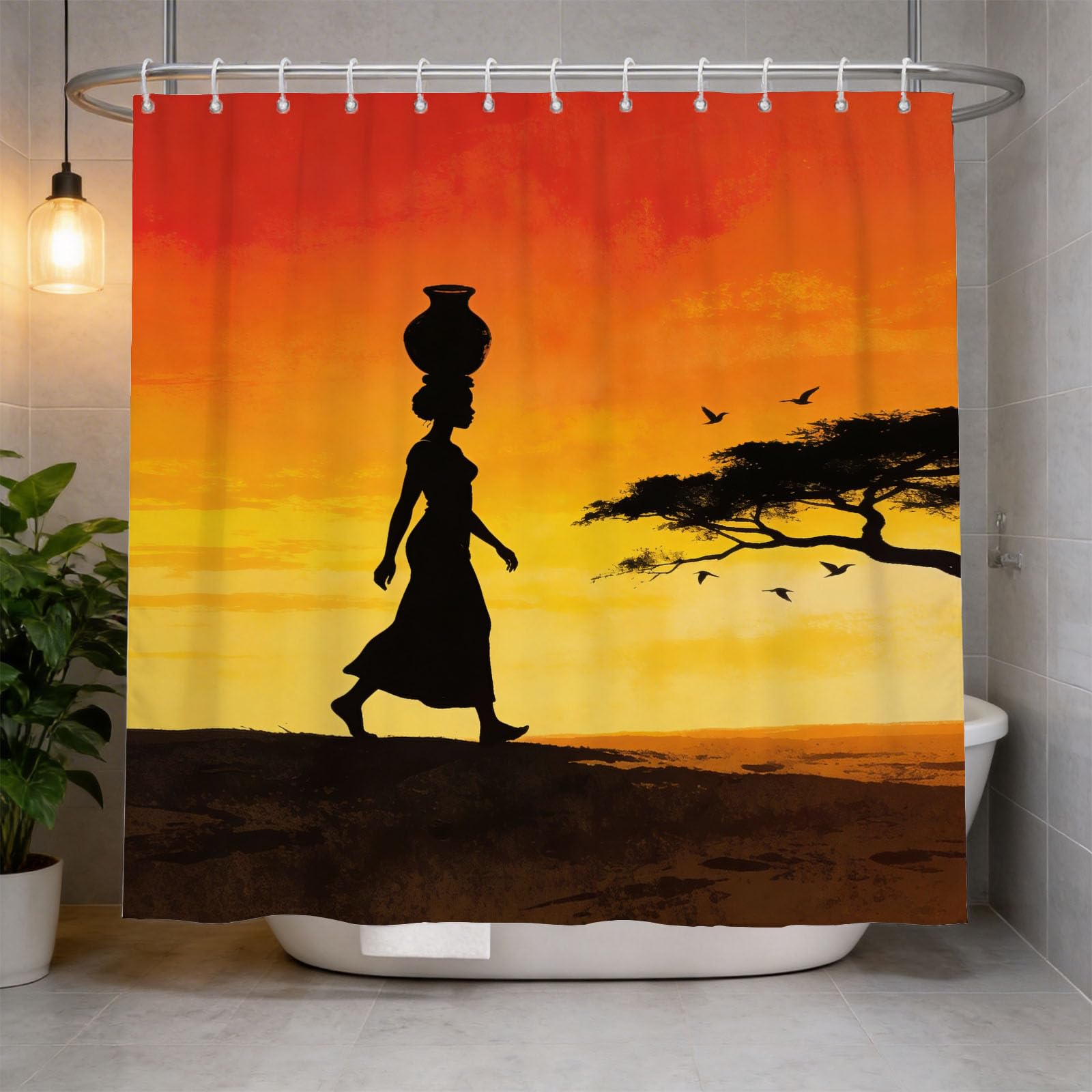 Hongduo 3D Sunset Silhouette Shower Curtain for Stalls Bathtubs Unique Exotic Bathroom Decor Shower Curtain Set Polyester Fabric Waterproof 180x200cm/71X79 Inch with Hooks