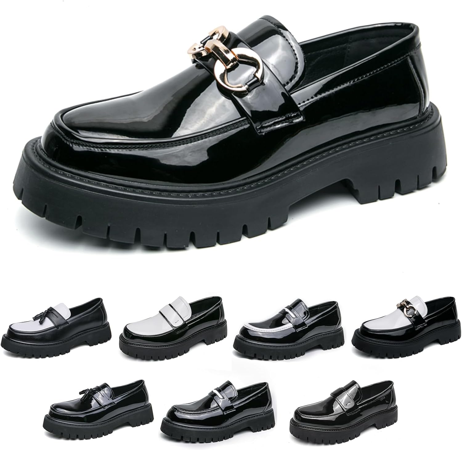 Men's Fashion Black and White Two Tone Chunky Platform Penny Loafers Classic Slip-On Lug Sole Business Work Dress Shoes Daily Non-Slip Shock Absorbing Casual Shoes Large Size 5.5-14