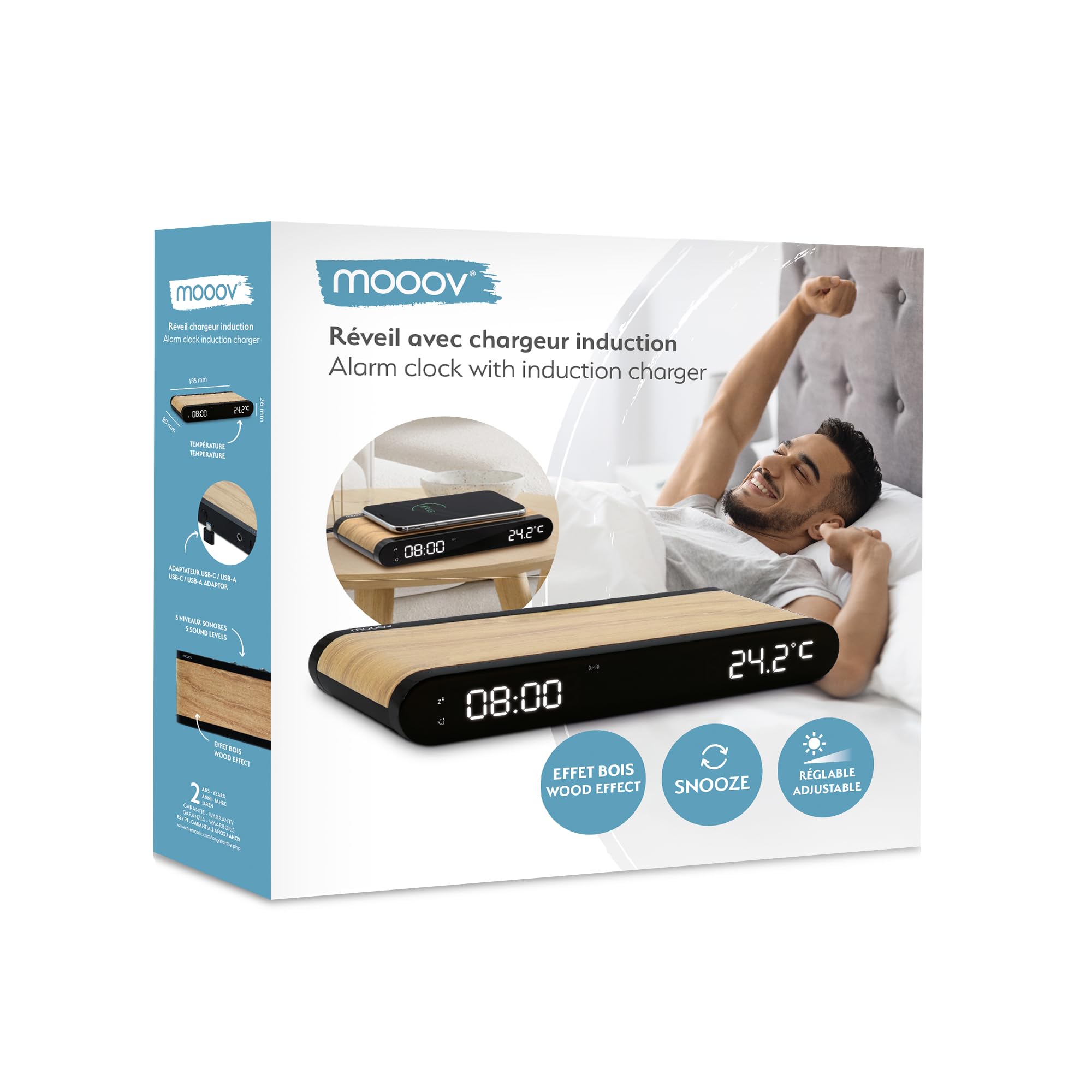 MOOOV 477349 Budzik ładowarka indukcyjna 15 W i port USB-C - wbudowana temperatura - efekt drewna