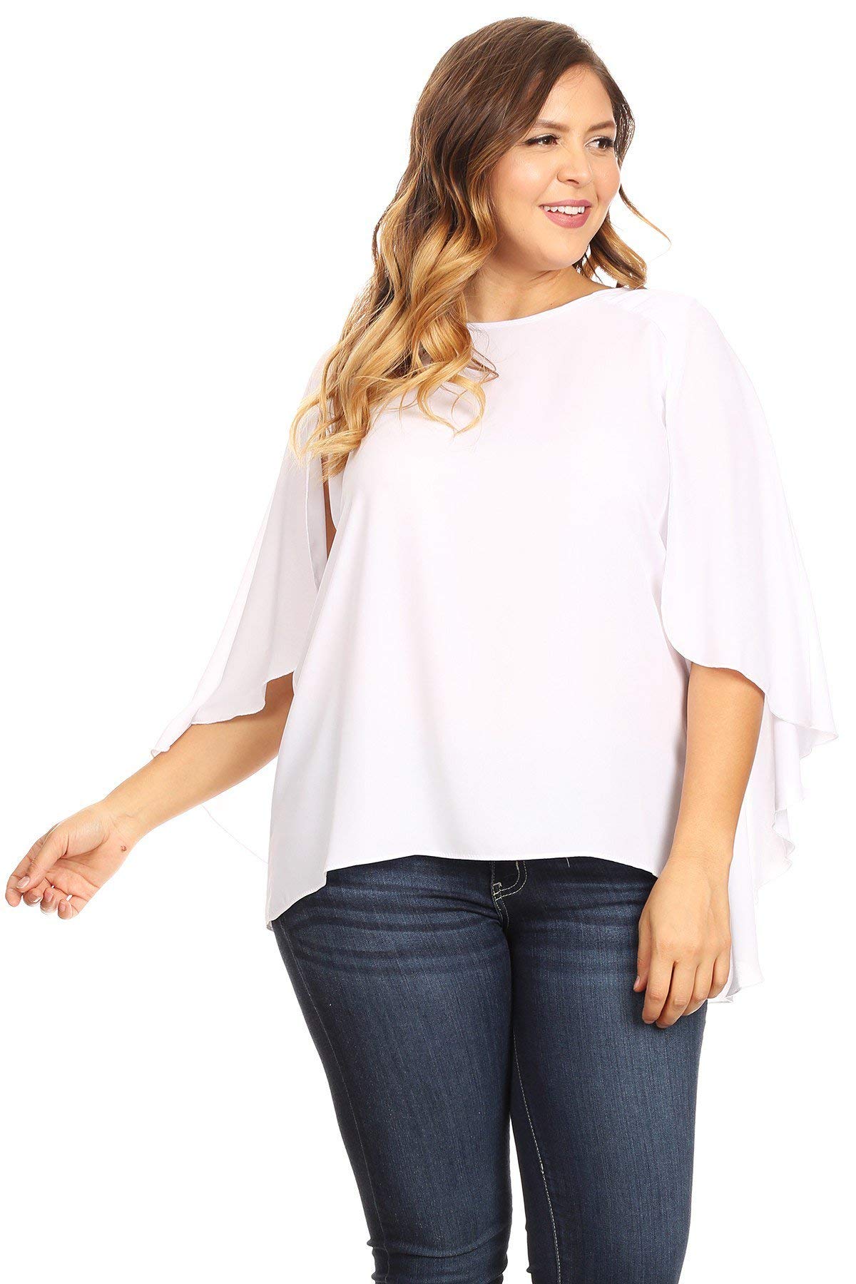 Modern Kiwi Women's Plus Size Solid Chiffon 3/4 Cape Sleeve Tunic Blouse Top (1X-3X)