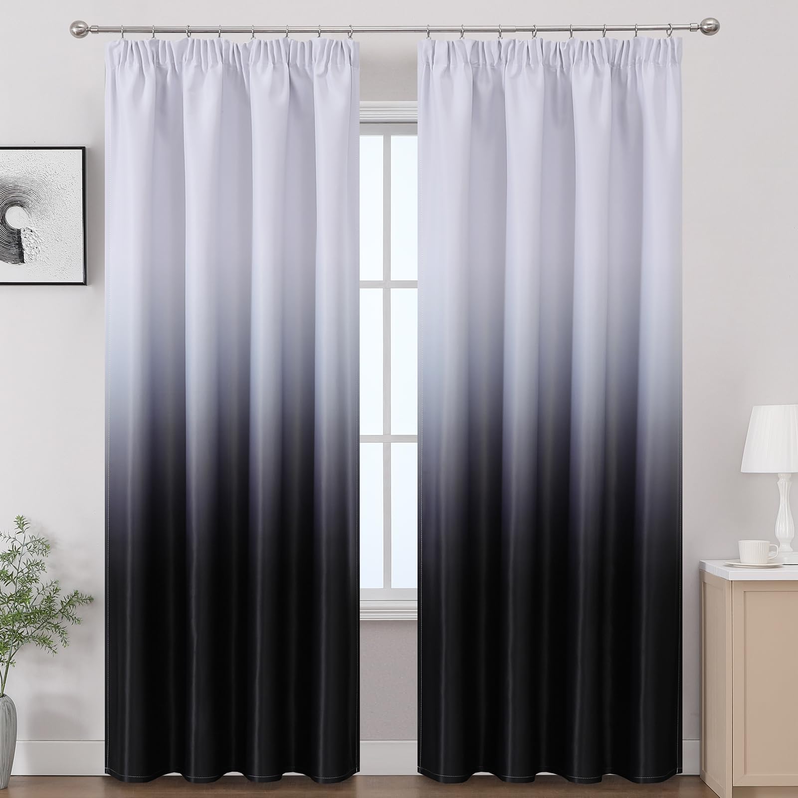 Verdunklungsvorhänge mit Kräuselband, Schwarz und Weiß Vorhänge Blickdicht Schlafzimmer, Ombre Gardinen Schienensystem, 2er Set Thermovorhang Kälteschutz Blackout Curtain, H214 x B132 cm