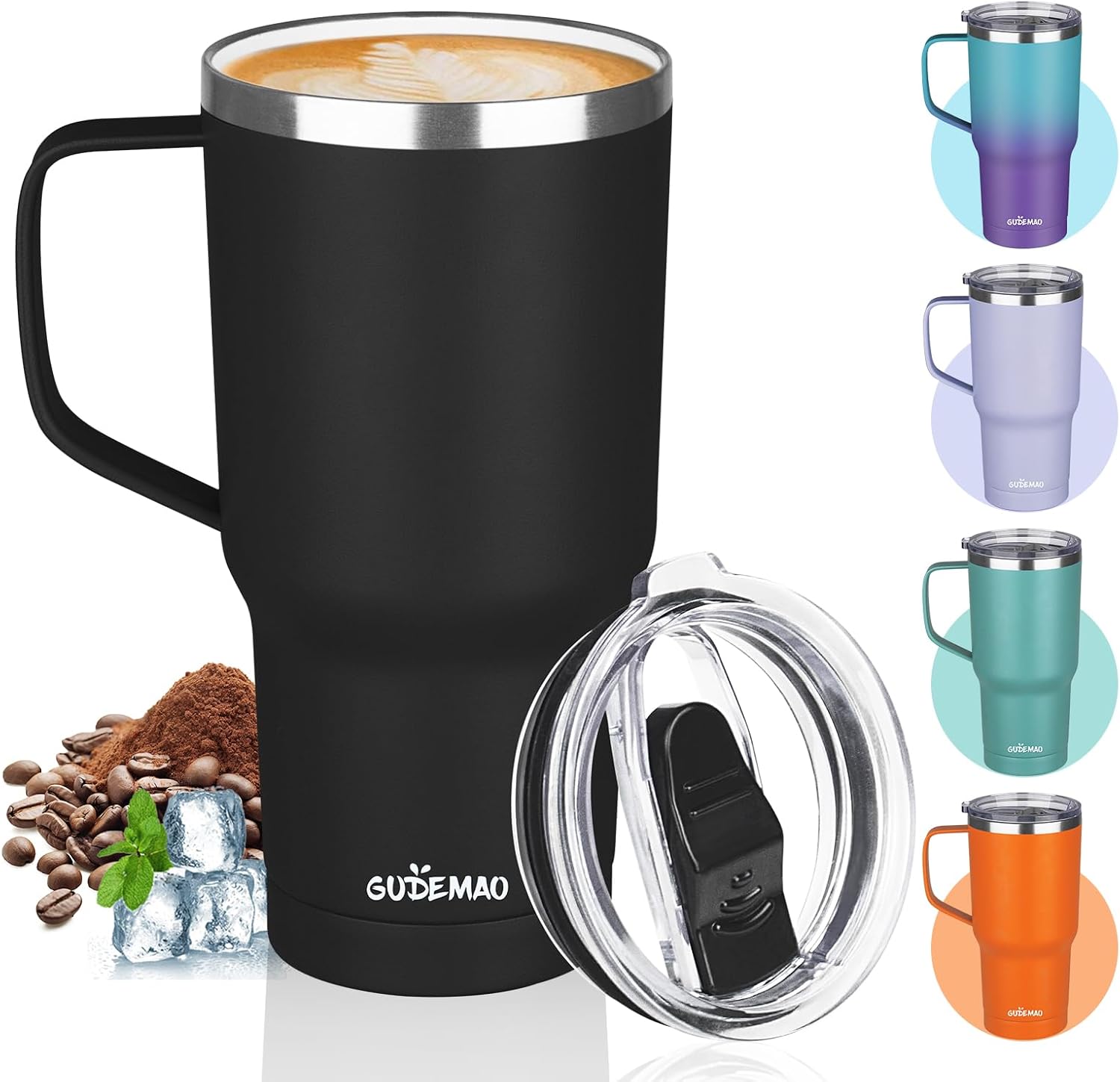 GUDEMAO 20 oz Insulated Coffee Mug with Ceramic Coating, Stainless Steel Travel Mug Tumbler with Handle Lid and Straw, Double Wall Leak-Proof Coffee Travel Mug Keeps Drink Hot and Cold (Black)