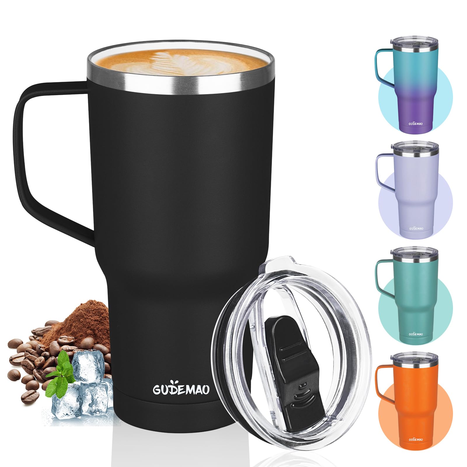 GUDEMAO 20 oz Insulated Coffee Mug with Ceramic Coating Stainless Steel Travel Mug Tumbler with Handle Lid and