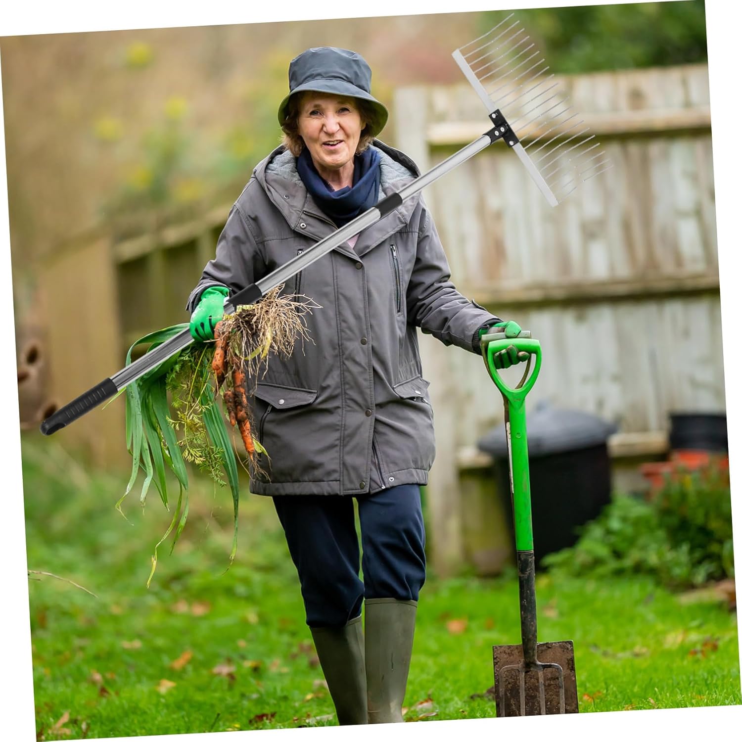 Yardwe Adjustable Steel Garden Rake Telescopic Lawn Thatcher for Soil Loosening Leaf Collection and Dead Grass Removal Detachable Heavy Duty Tool for Gardening and Landscaping