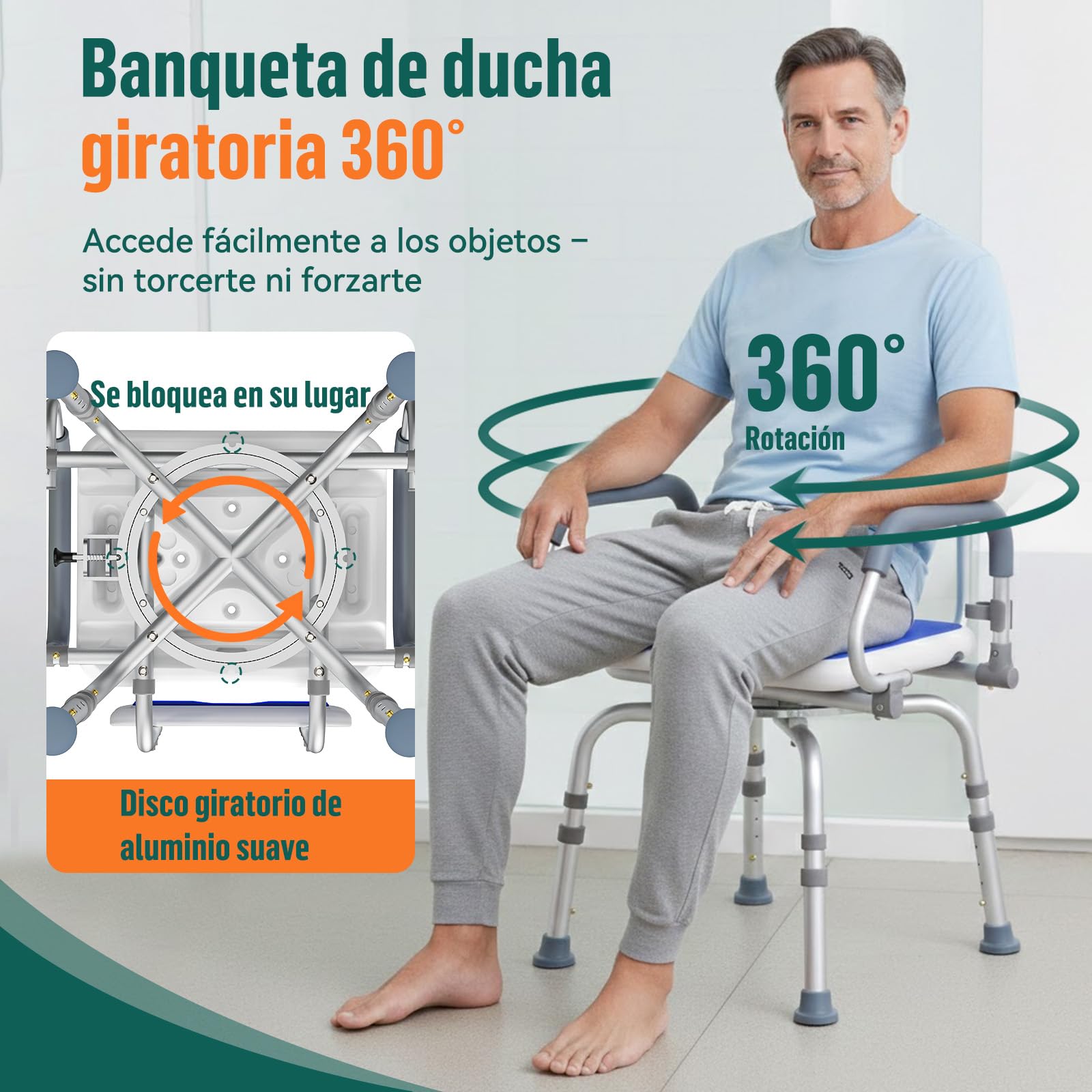 Silla de Ducha Giratoria 360° – Silla de Ducha Ajustable con Respaldo y Reposabrazos Abatibles, Taburete de Ducha Antideslizante de Aluminio para Mayores y Personas con Movilidad Reducida