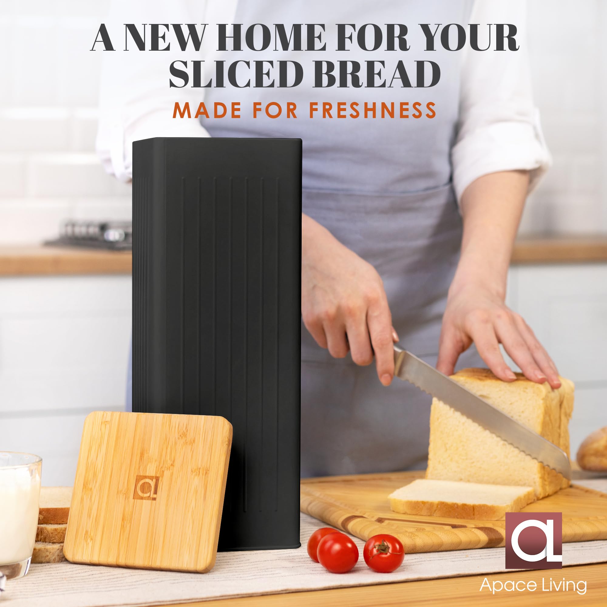 Apace Living FRESHSLICE - Panera 2.0 | Panera con tapa hermética | Panera de metal con tapa de bambú para pan casero, 5 litros (negro clásico)
