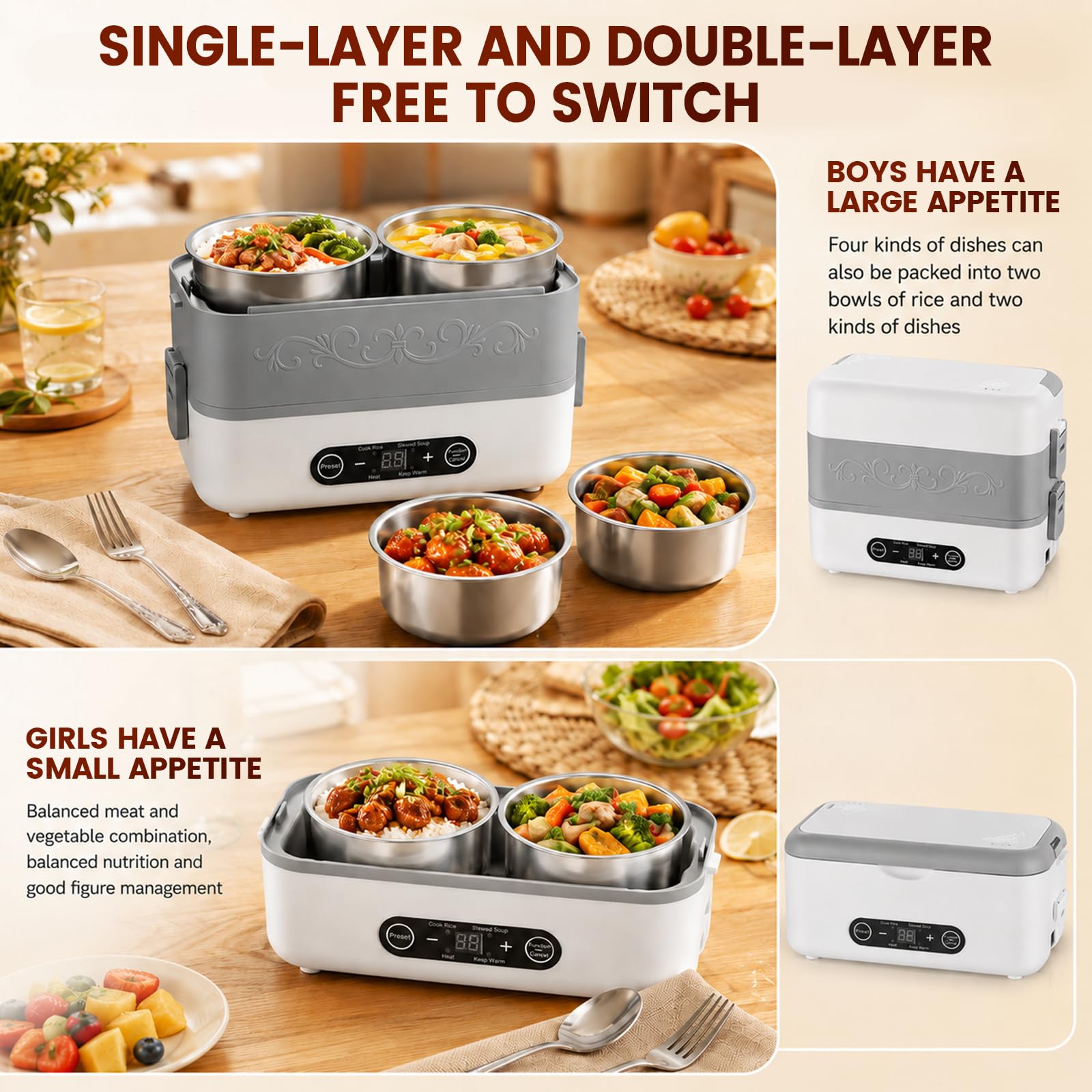 Contenitore per il pranzo elettrico per adulti, portatile, senza fili, riscaldato da 2,4 l, contenitore interno rimovibile in acciaio inox, display digitale, per ufficio, viaggi, cantieri, scuola
