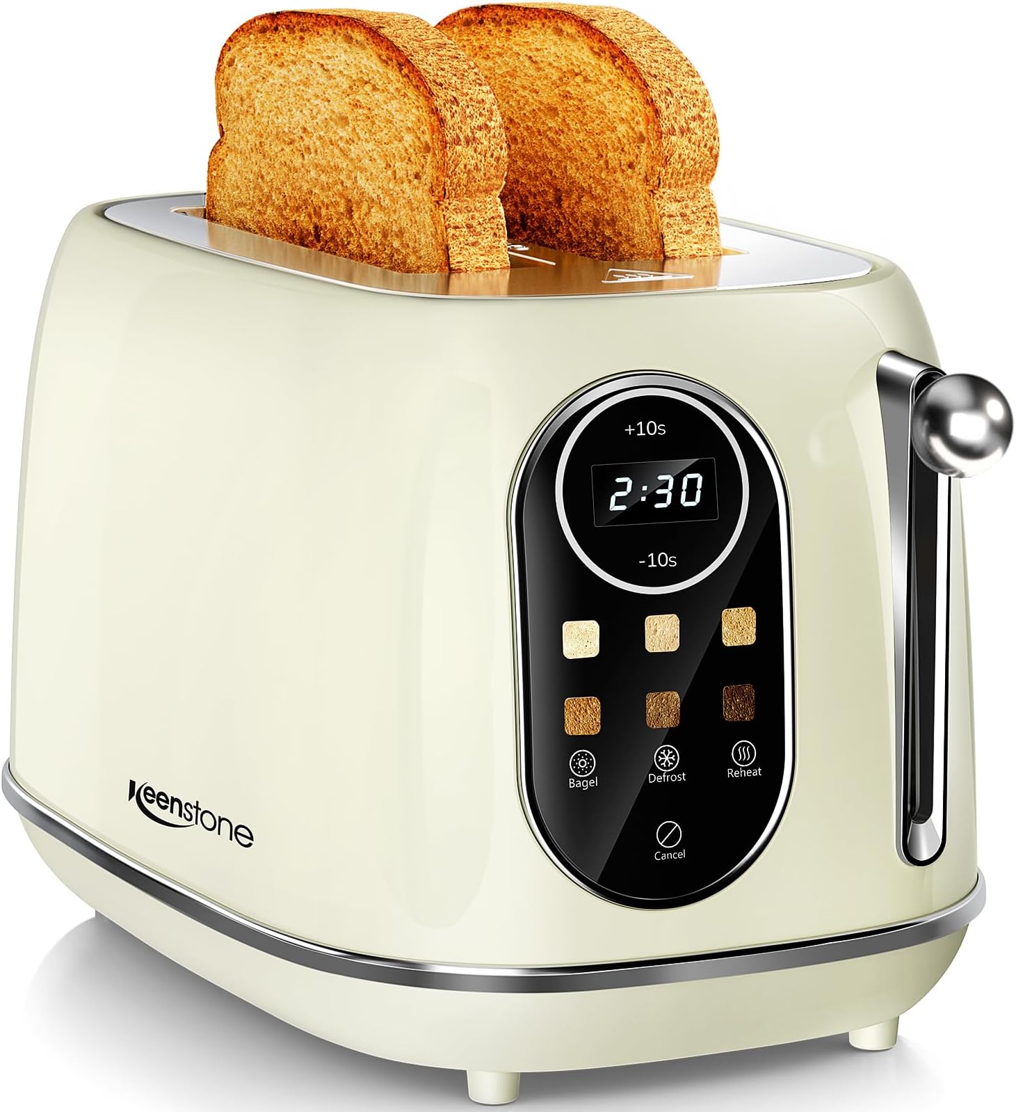 2-Slice Retro Style Stainless Steel Smart Touch Screen Toaster with 6 Roasting Levels, Reheat and Defrost Functions, Ideal for Bagels