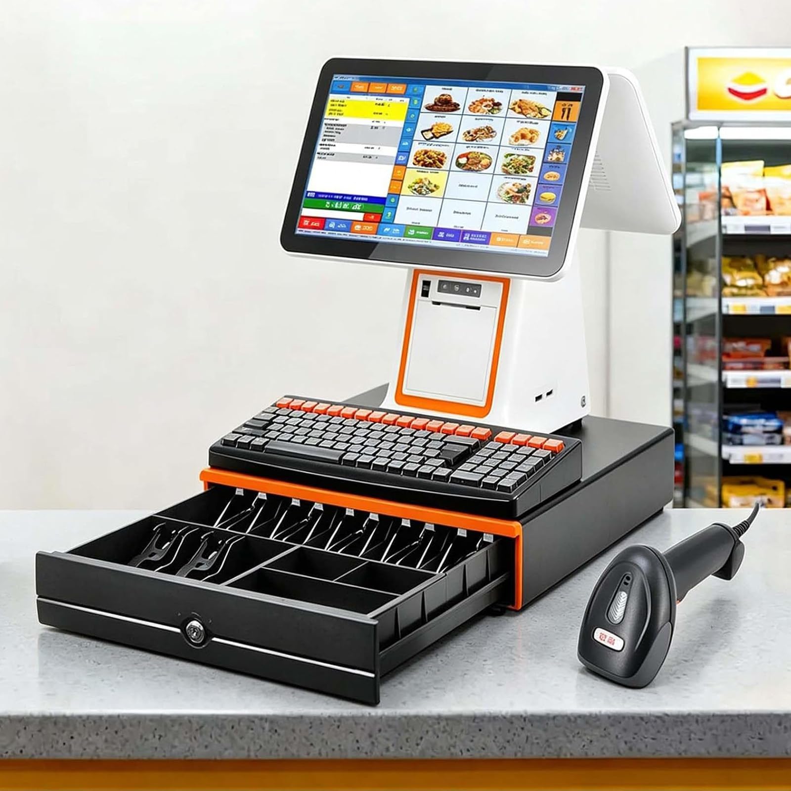 DPQYJPP Commercial pos terminal, 15.6-inch 1080p dual monitor touchscreen cash register, with 58mm thermal printer, with scanner gun and cash box, 8g+128g smart pos system White