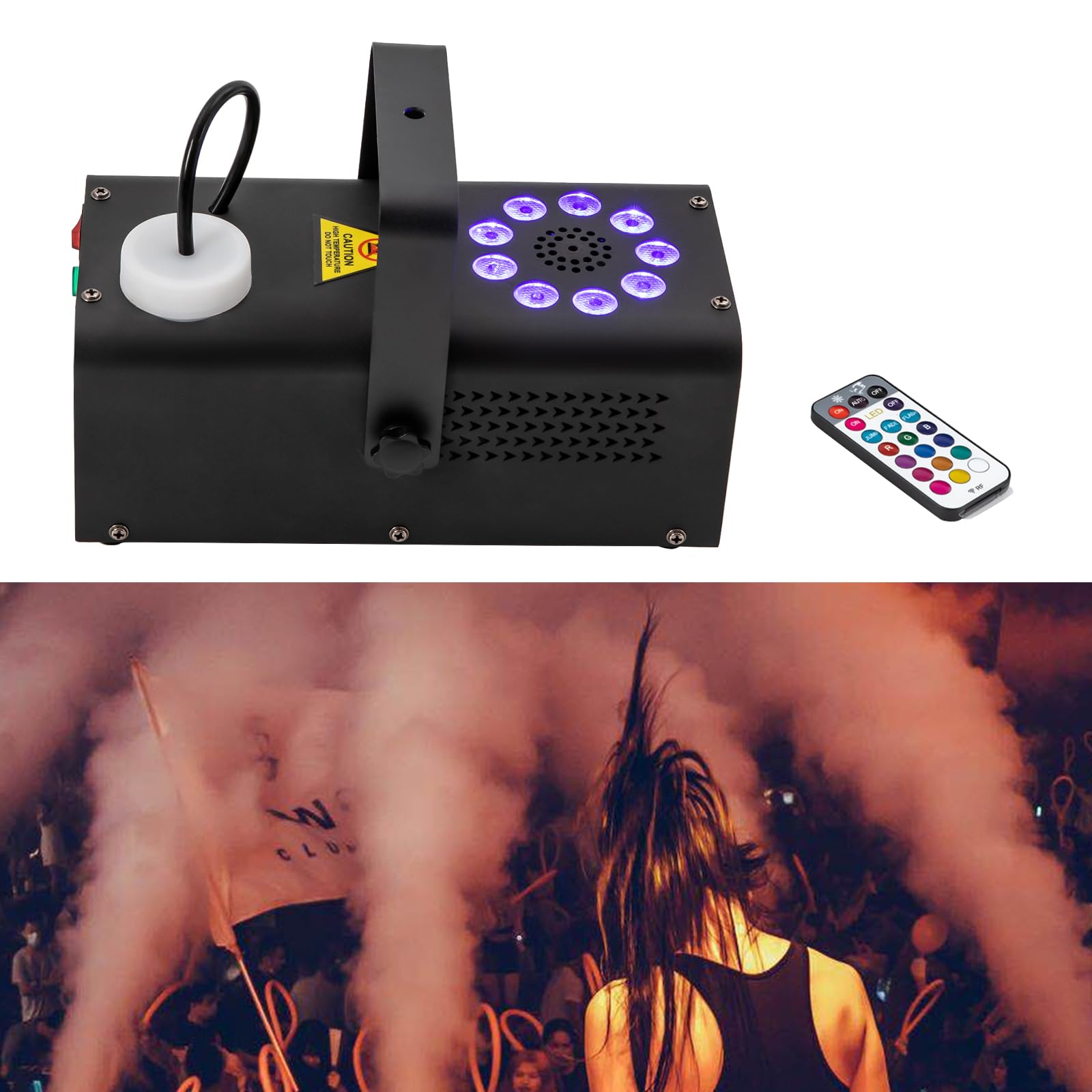 Machine à fumée 500 W avec 3 modes de changement de couleur 9 LED, mini machine à brouillard 1 l pour scène, salle de bal, karaoké, fête d'anniversaire, fête de famille, bar de loisirs