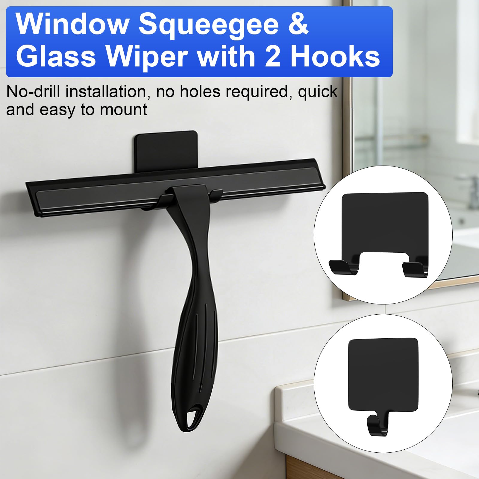 25 Cm Tergivetro per Doccia In Acciaio Inossidabile, Tira Acqua da Doccia + 2 Ganci Autoadesivi & 3 Labbra Silicone, Antiscivolo & Maneggevole, Tiraacqua Vetri Doccia Raccogli, Per Bagno, Nero