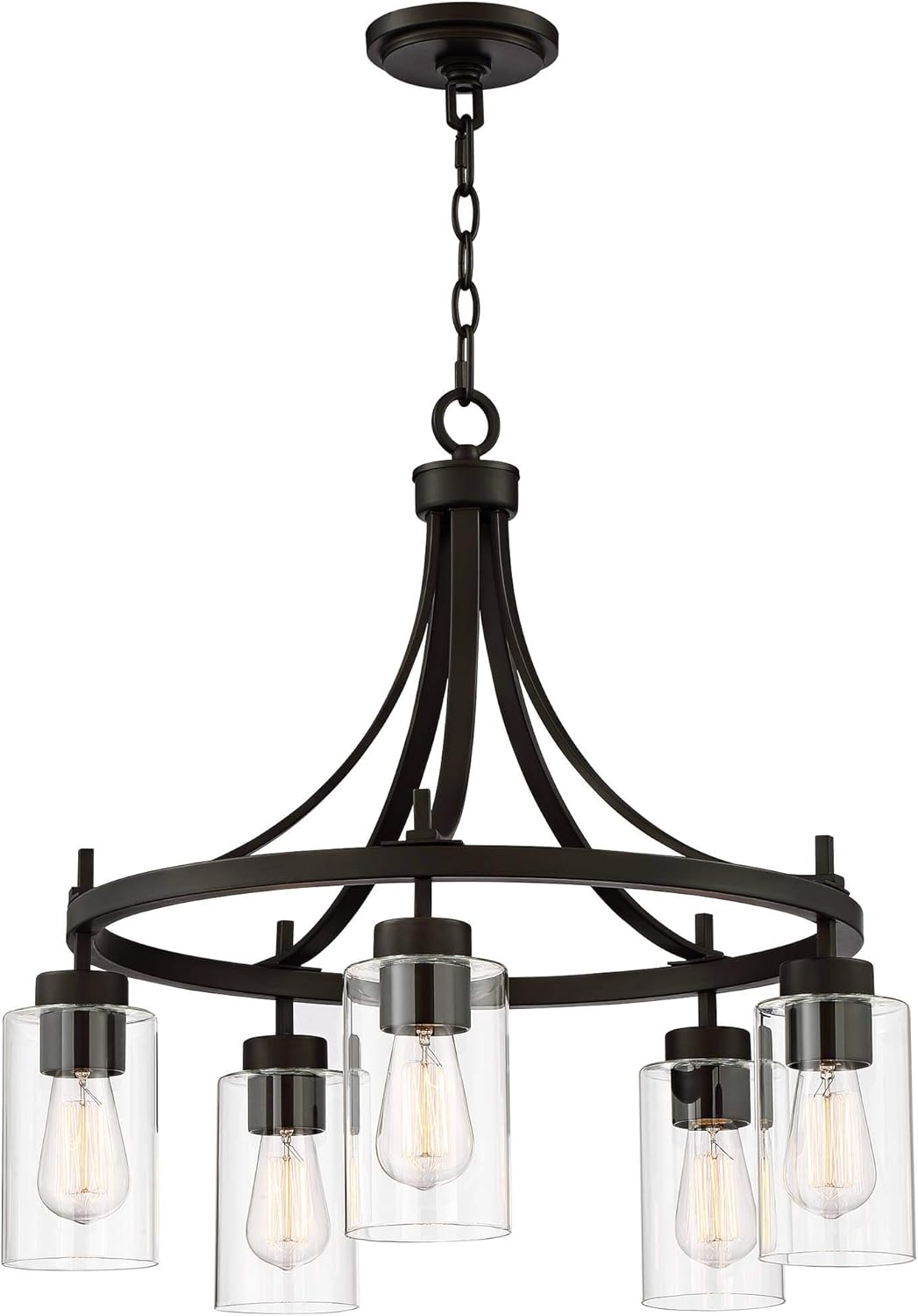 Franklin Iron Works Caleb Bronze Wagon Wheel Pendant Chandelier 23 3/4" Wide Industrial Clear Glass 5-Light Fixture for Dining Room House Foyer Entryway Kitchen Bedroom Living Room High Ceilings