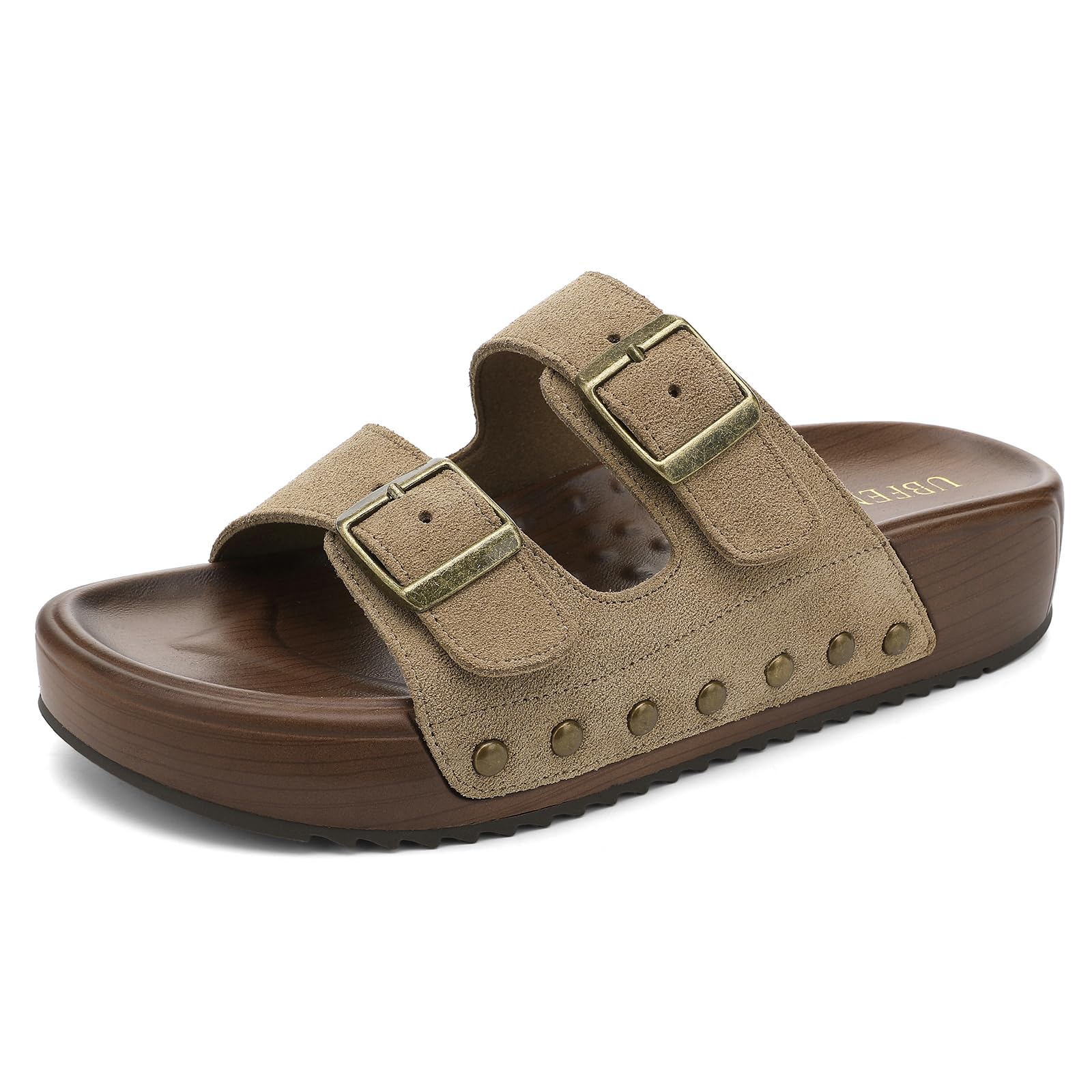 UBFEN Womens Platform Sandals Comfortable Walking Slides with Double Buckle Adjustable Straps Casual Arch Support Slip On Sandals for Beach