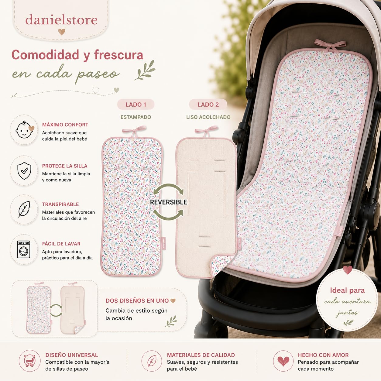 Danielstore Colchoneta Silla Paseo Universal Funda Carrito Bebé Transpirable Reversible Colchón Carro Bebé Verano Antideslizante Altura Ajustable