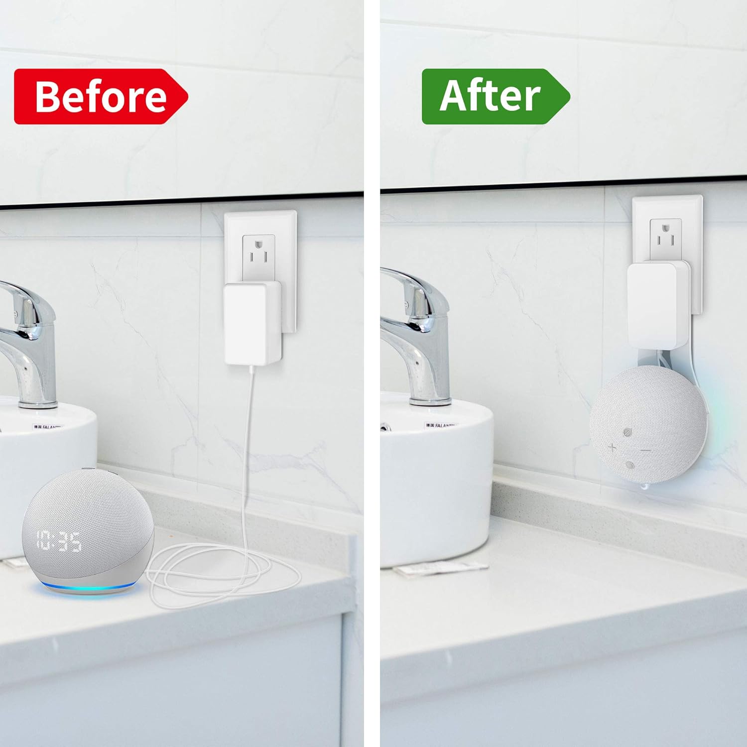 Before and after comparison of a Dot 4th Gen device, showing it unmounted with visible cables versus neatly mounted on the wall