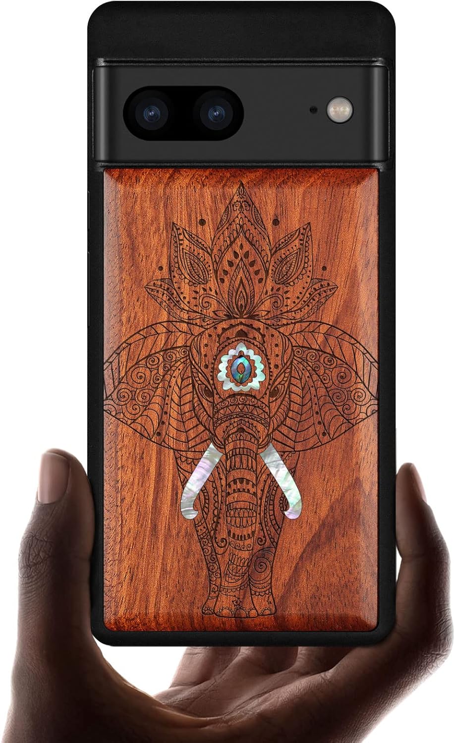 Carveit Designer Wooden Case for Google Pixel 7 Case Protective Cover [Wood Engraving & Shell Inlay] Unique Wood Cover Compatible with Wireless Chargers Pixel 7 (Elephant-Blackwood)