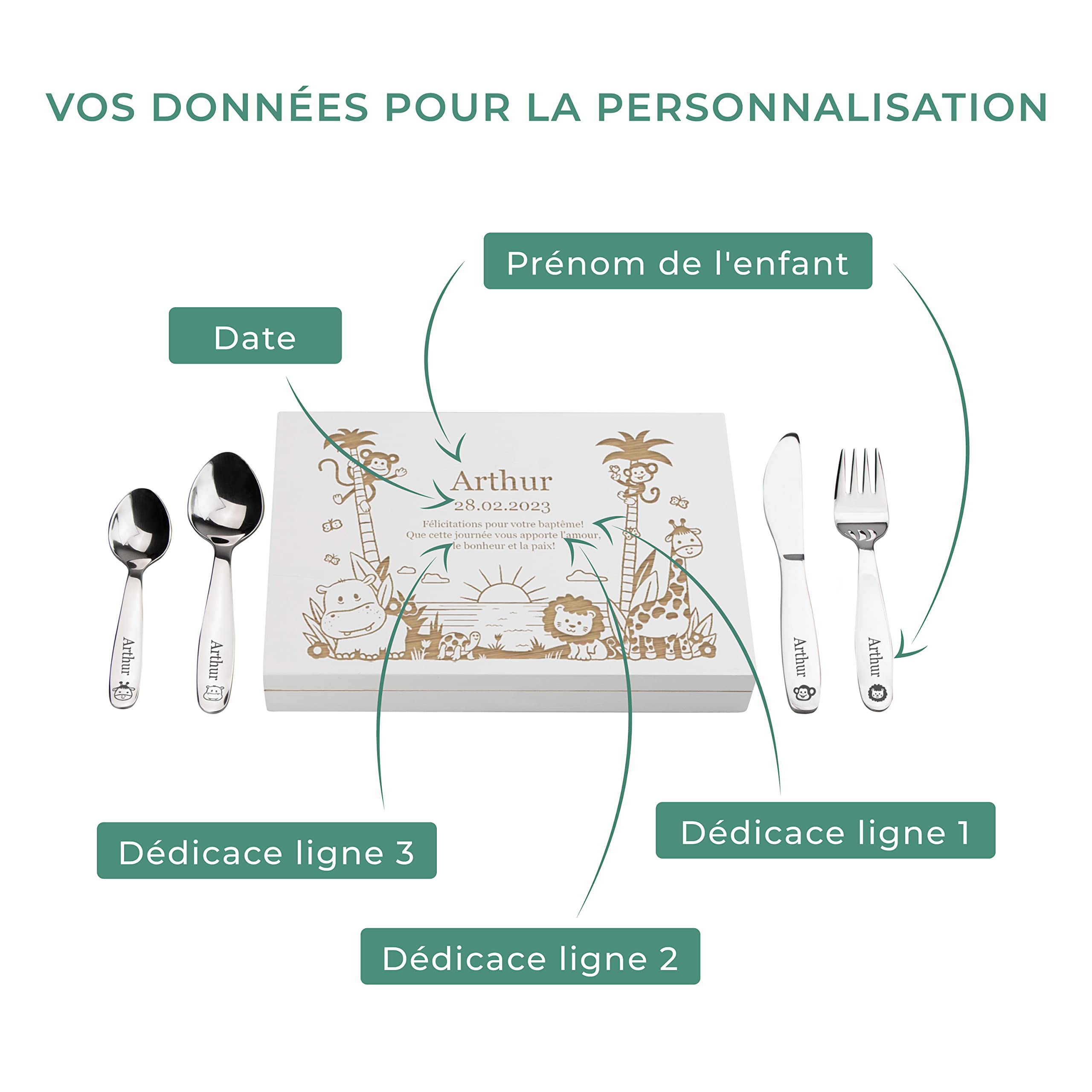 LAUBLUST Couverts personnalisés pour Enfants avec boîte Cadeau personnalisée en Bois - Couverts Enfant INOX - Jungle - 4 pièces - Cadeau personnalisé