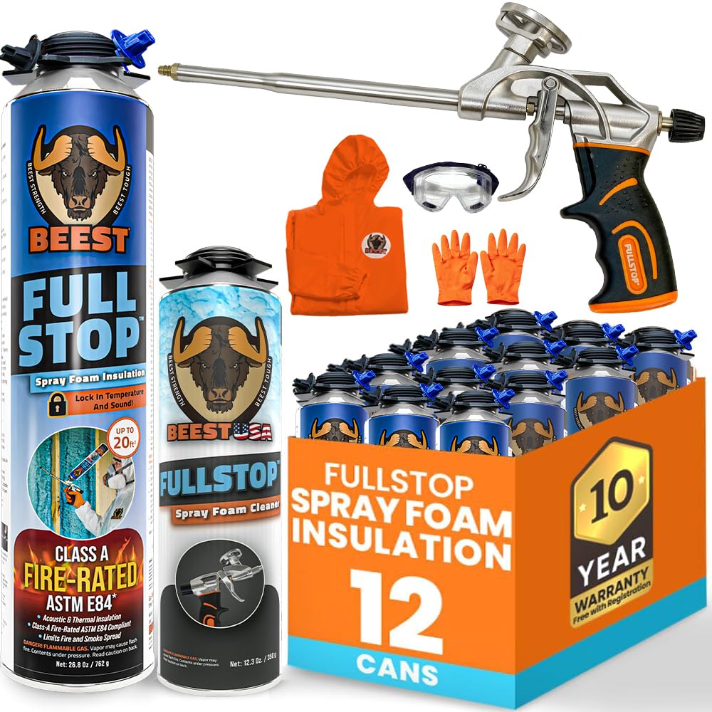 BEEST FullStop Spray Foam Insulation Kit - 240 Board ft/sq.ft. Fire Rated Spray Insulation Foam for Walls &amp; Attics with Thermal &amp; Soundproofing - Includes 12x Cans, 1 Cleaner, Pro X Gun, Safety Gear