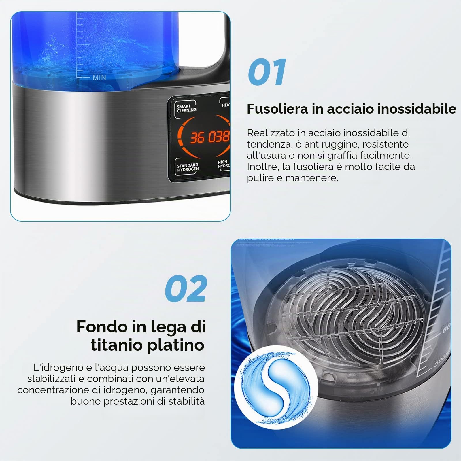 Generatore di Acqua Idrogenata, 2L Macchina per Acqua Alcalina Ionizzata ad alta Capacità Generatore di Acqua Ionizzata con Funzione Termostato, Touch Screen a LED, Autopulizia per uso Case e Aziende