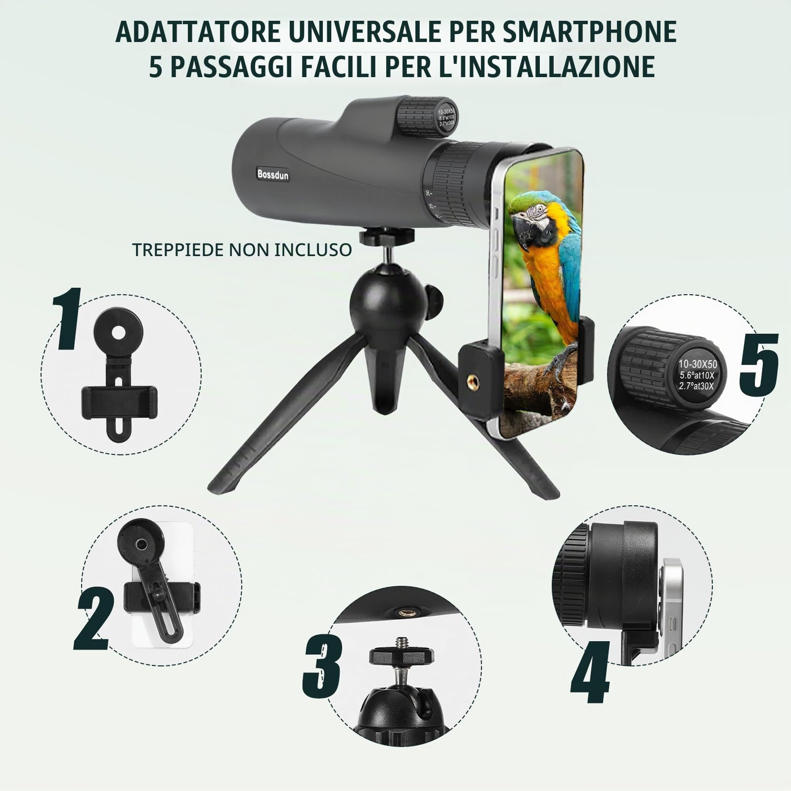 Telescopio Monoculare 10-30x50 per Adulti, Cannocchiale Monoculare HD Impermeabile con Smartphone per Birdwatching, Escursionismo, Caccia, Campeggio, Viaggi (black)