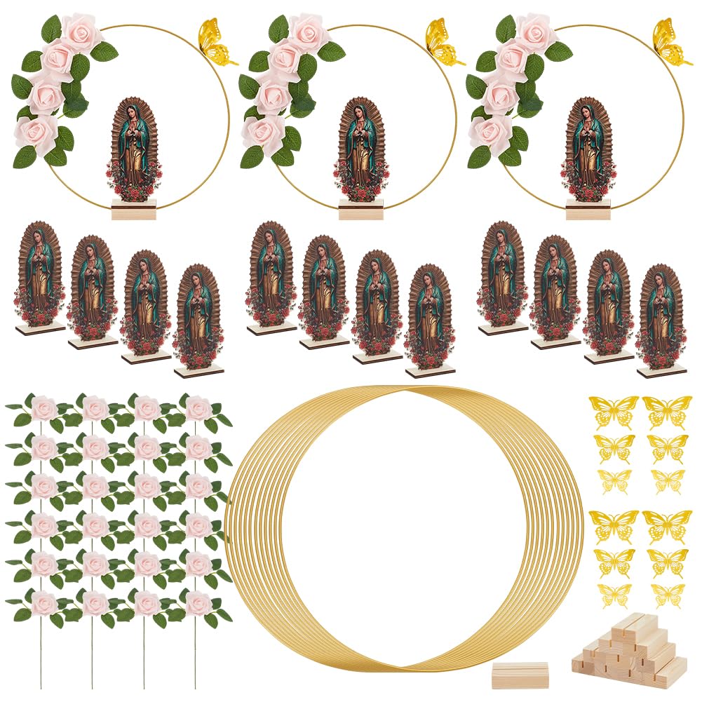 FREEBLOSS Lot de 12 centres de table de baptême pour centre de table comprenant 12 anneaux floraux, 12 supports en bois, 12 figurines Notre Dame de Guadalupe pour décoration d'intérieur, fête, mariage