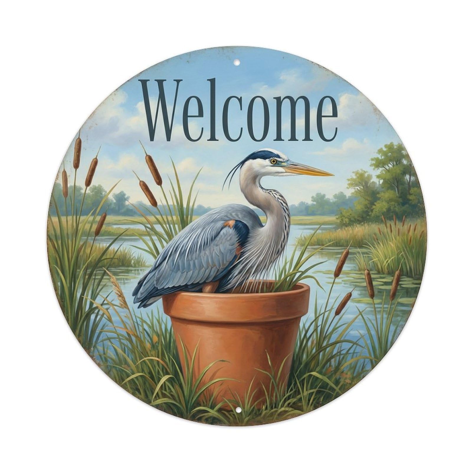Welcome Heron Marsh Grass Metal Tin Sign
