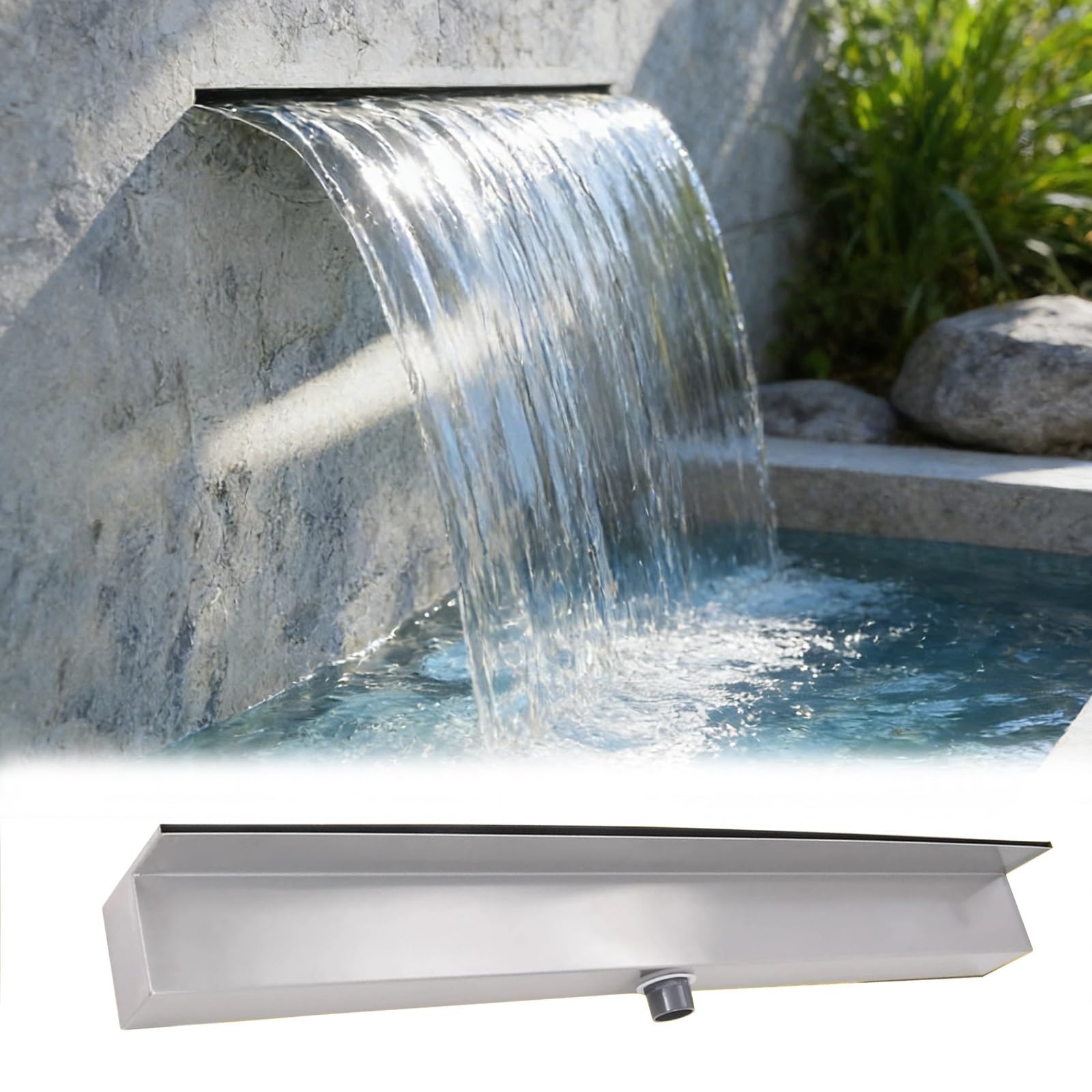 Fontana a cascata da esterno - Cascata in roccia in acciaio inossidabile resistente da 60 cm per laghetto da giardino, cascata antiruggine con raccordo per tubo, ideale per piscine e giardini.