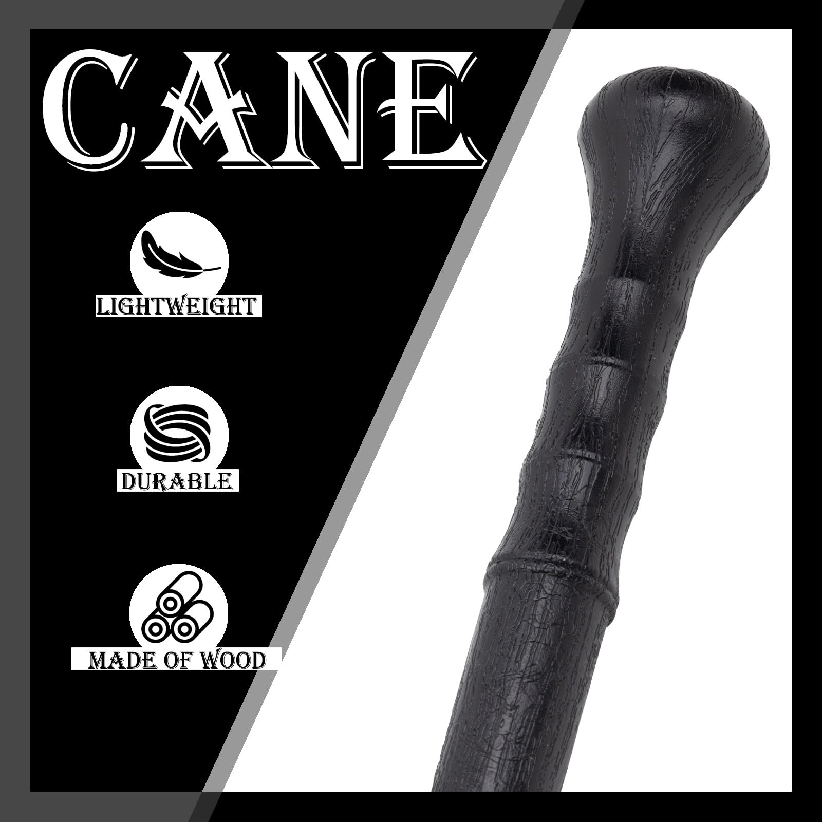 Bastón de Paseo con Mango Redondo Imitación Madera Negra, Fabricado en Madera Maciza con Empuñadura Redonda y Suave, un Bastón Elegante y Resistente para Hombres y Mujeres