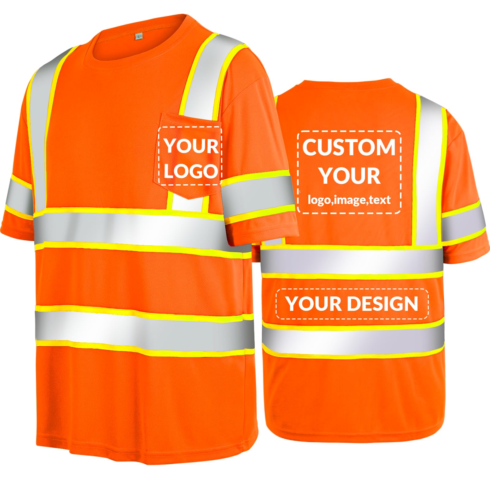 Safety Shirts Logo Custom High Visibility Shirts Class 3 Hi Vis Reflective T Shirts Construction Work Shirts for Men/Women Orange Short Sleeve-(Large,1Pack)