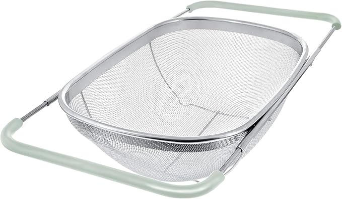 Over The Sink Colander, 6 Quarts Stainless Steel Oval Colander with Expandable Rubber Grip Handle, Fine Mesh Strainer Baskets Kitchen Colanders for Strain, Drain, Rinse Vegetable, Fruits, Beige