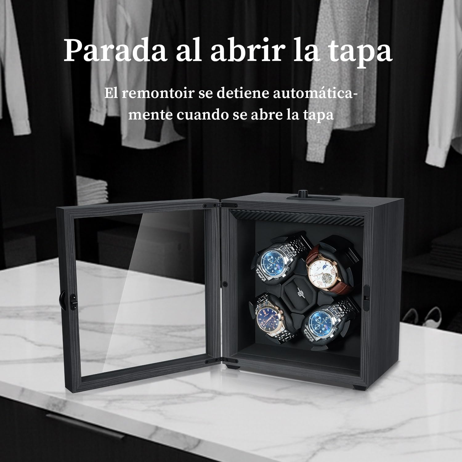 Mcbazel Enrollador Automático de Relojes para 4 Relojes, Función Automática Silenciosa, Motor Silencioso, Solución Profesional para el Cuidado de Relojes – Diseño en ébano Negro