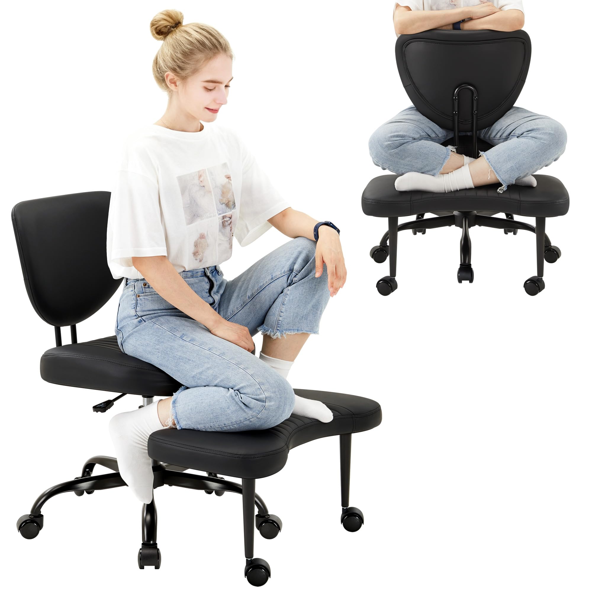 IWMH Adhs Stuhl Kniestuhl Yoga Stuhl Kreuzbein Bürostuhl Schneidersitz | Schreibtischstuhl Mit Rollen Meditationsstuhl Höhenverstellbar Criss Cross Stuhl Schneidersitz Fußstütze Breiter Schwarz