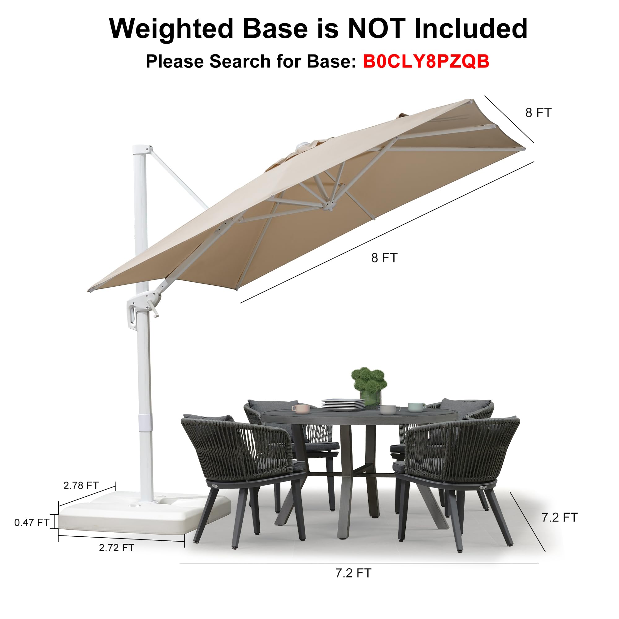 8 FT White Cantilever Patio Umbrella - Aluminum Offset Umbrella for Outdoor, Garden, Deck, Pool - Windproof with 360° Rotation