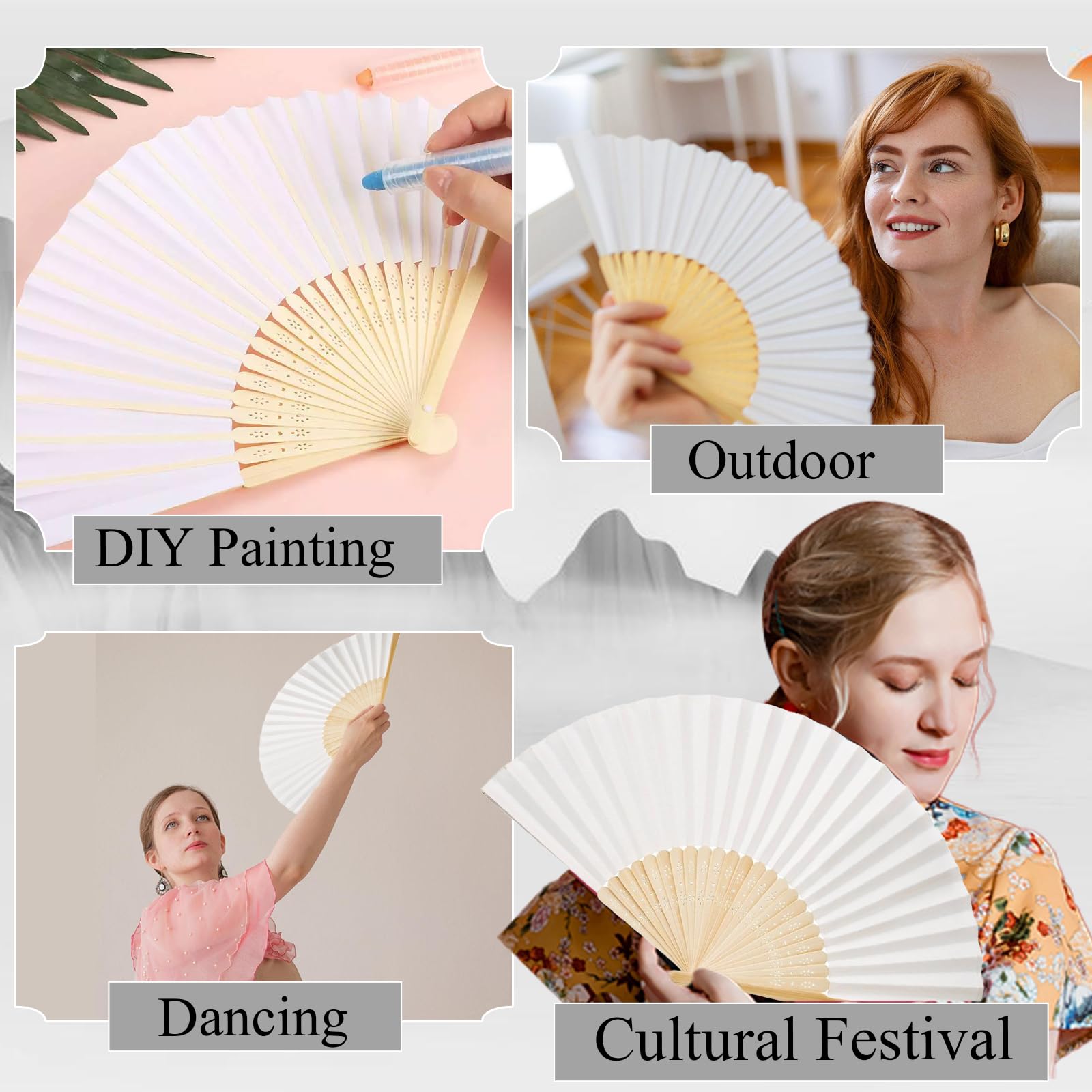 6 Pièces Eventail Blanc Manche pour Mariage et Fête - Bricolage Cadeaux, Décoration Murale, Eventail Papier Pliants Personnalisable