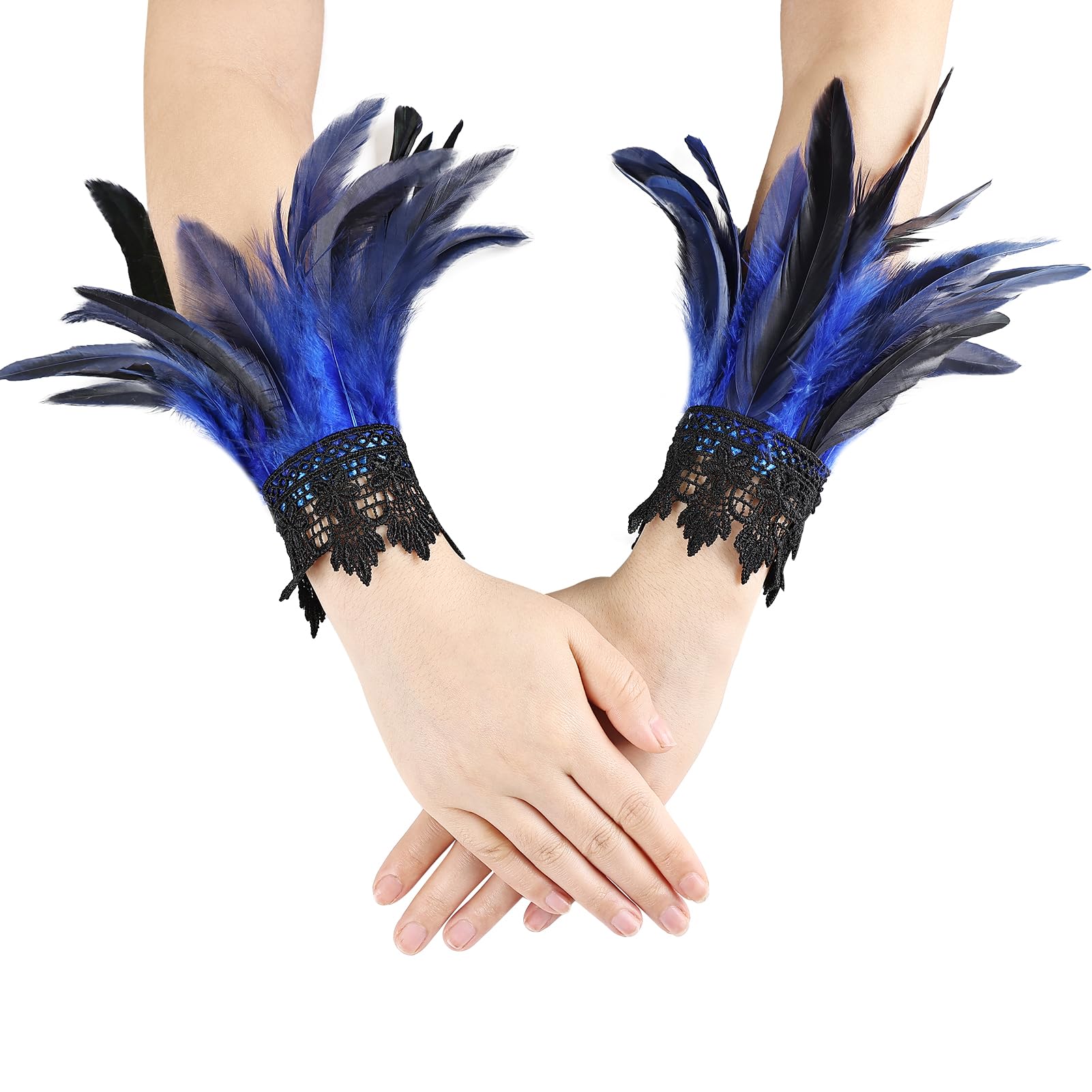 MAOFENG Women‘s Gothic Lace Feather Cuffs Wristband Gloves Swan Wings Wrist Bands Costume Accessories Feather Gloves,Blue