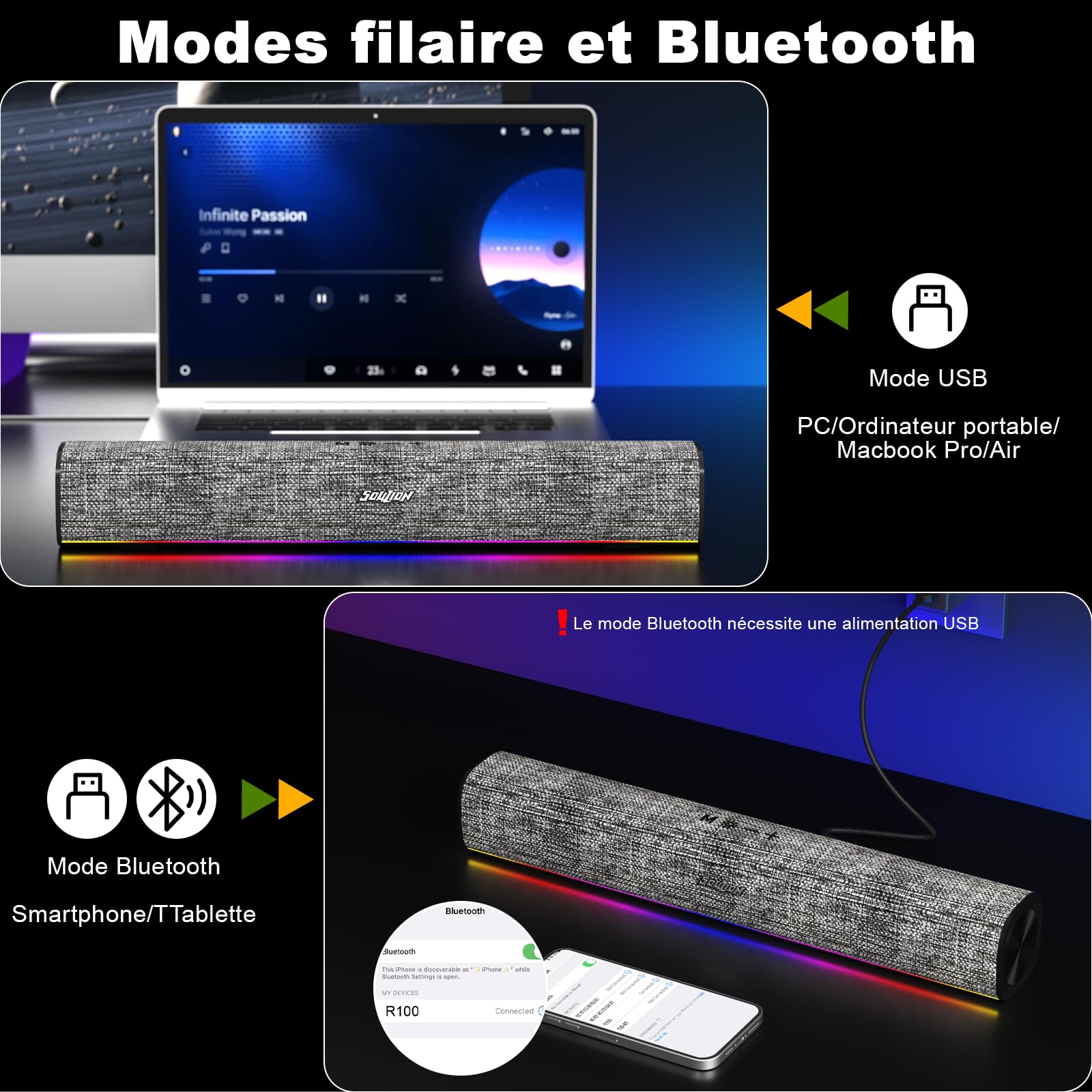 SOULION R100 Enceinte PC, Bluetooth Barre de Son PC avec Synchronisation/Affichage Audio-Lumière, pour PC, Tablette, Smartphone, 42 x 6 x 6cm (Alimenté par USB)