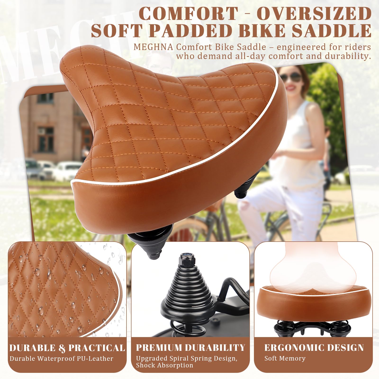 Selle de vélo confortable - Selle de ville de qualité supérieure avec cuir PU, mousse à mémoire de forme et outils - Pour vélo de ville, vélo de trekking, VTT, vélo femme, cruiser et vélo rétro