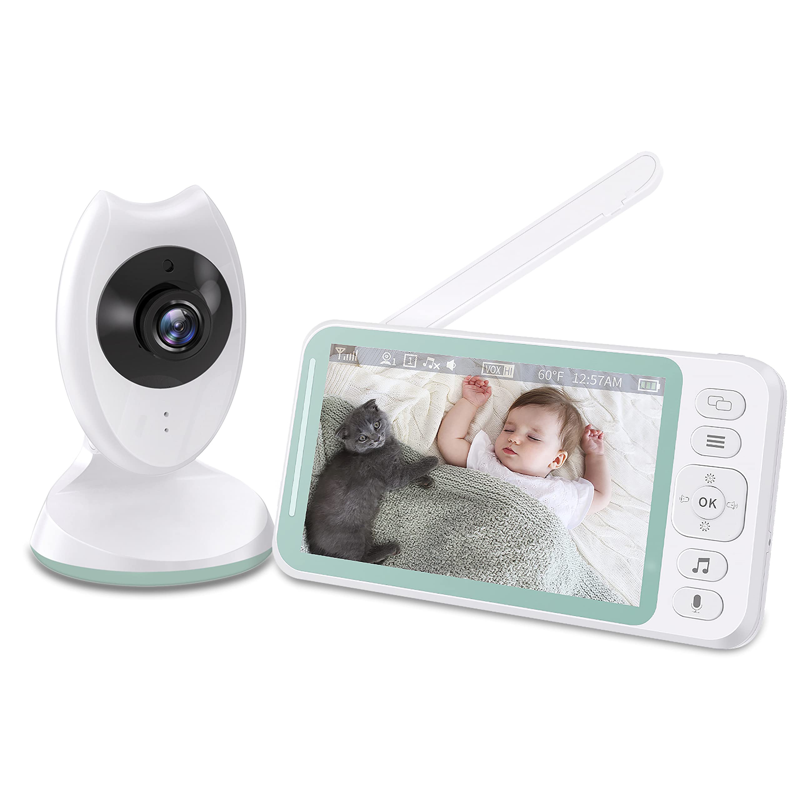 Vigilabebés con Pantalla LCD de 4,3", visión Nocturna, conversación bidireccional, Sensor de Temperatura, recordatorio de energía, 8 Canciones de Cuna, batería de Alta Capacidad - Blanco