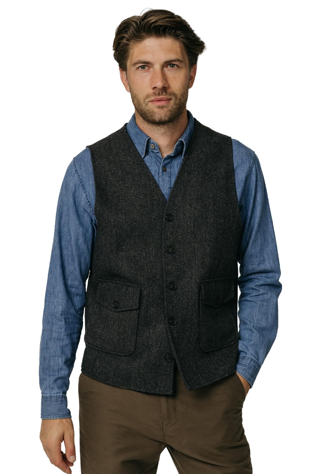 Dobell Men's Grey Barleycorn Tweed Waistcoat Regular Fit Patch Pockets-Xl (46-48In)